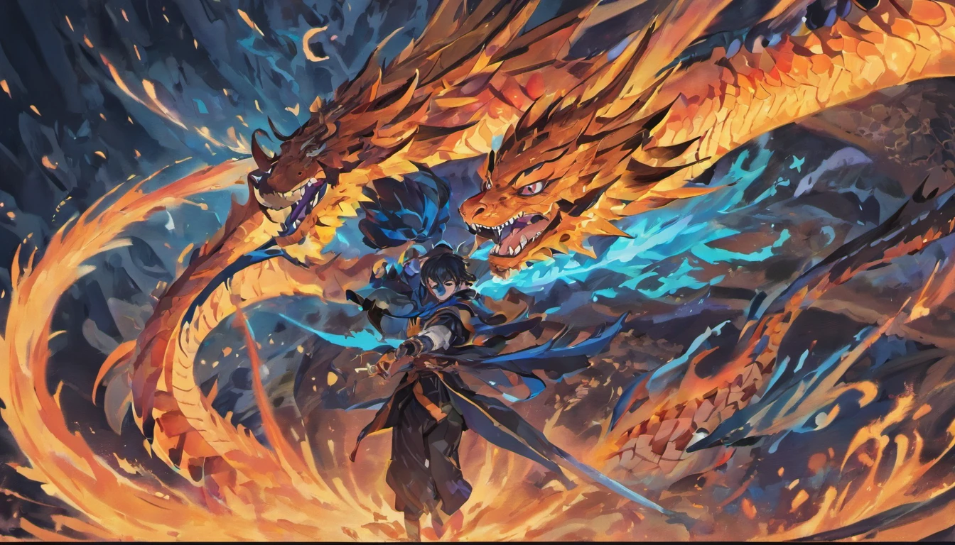 A dragon with blue flames and black tiger stripes, ferocious look on dragons face roaring, An exaggerated perspective, Unique yokai illustration, Details of realism, Qi Baishi style --niji 5 --relax --ar 16:9