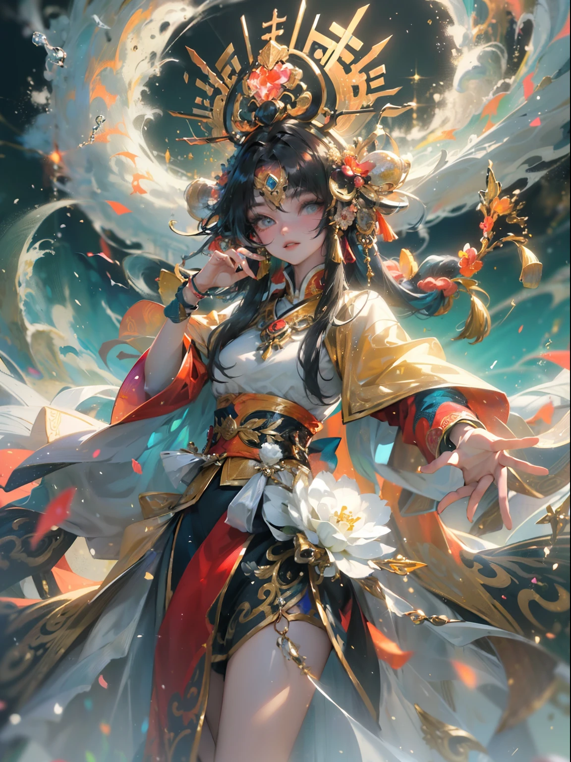 (((Masterpiece))), (((Best quality))), ((Ultra-detailed)),(Highly detailed CG illustration), ((An extremely delicate and beautiful)),Cinematic light, Create stunning fantasy artwork，Fairy fantasy，hoang lap，mito，（1girll），独奏，standing on your feet，a beauty girl，Tibetan clothing，Colorful costumes， Fleece collar， Padded collar，High-end Tibetan clothing，Cumbersome Tibetan costume design，Warm clothing，Winter clothing，Appearance Yang Chaoran，Rounded face shape，Gorgeous Tibetan costumes，Cumbersome Tibetan necklace，Cumbersome Tibetan headdress，Colored headband，cinematic pastel lighting，8k wallpaper，Solidarity，art  stations，High resolution CG