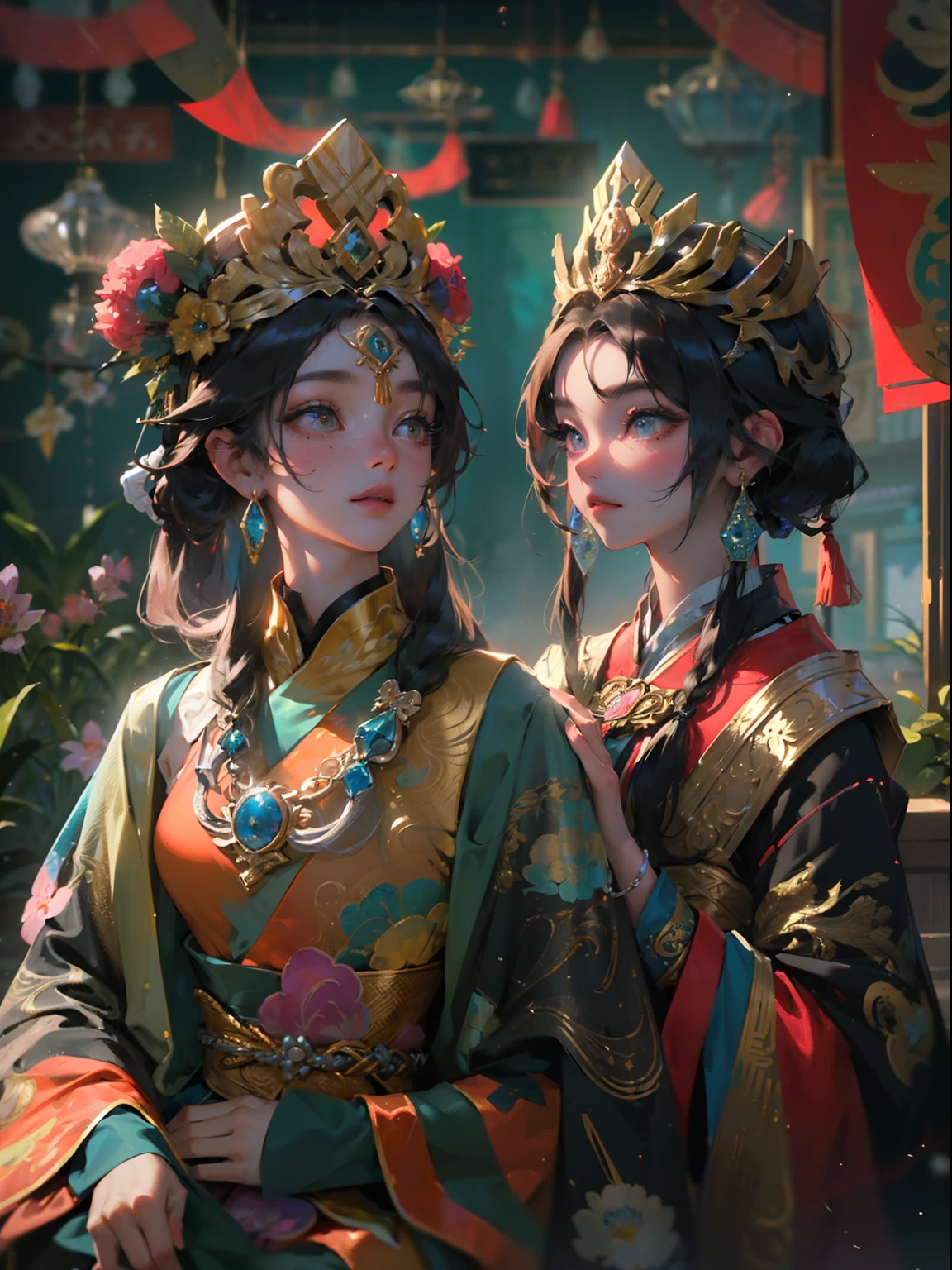 (((Masterpiece))), (((Best quality))), ((Ultra-detailed)),(Highly detailed CG illustration), ((An extremely delicate and beautiful)),Cinematic light, Create stunning fantasy artwork，Fairy fantasy，hoang lap，mito，（1girll），独奏，standing on your feet，a beauty girl，Tibetan clothing，Colorful costumes， Fleece collar， Padded collar，High-end Tibetan clothing，Cumbersome Tibetan costume design，Warm clothing，Winter clothing，Appearance Yang Chaoran，Rounded face shape，Gorgeous Tibetan costumes，Cumbersome Tibetan necklace，Cumbersome Tibetan headdress，Colored headband，cinematic pastel lighting，8k wallpaper，Solidarity，art  stations，High resolution CG
