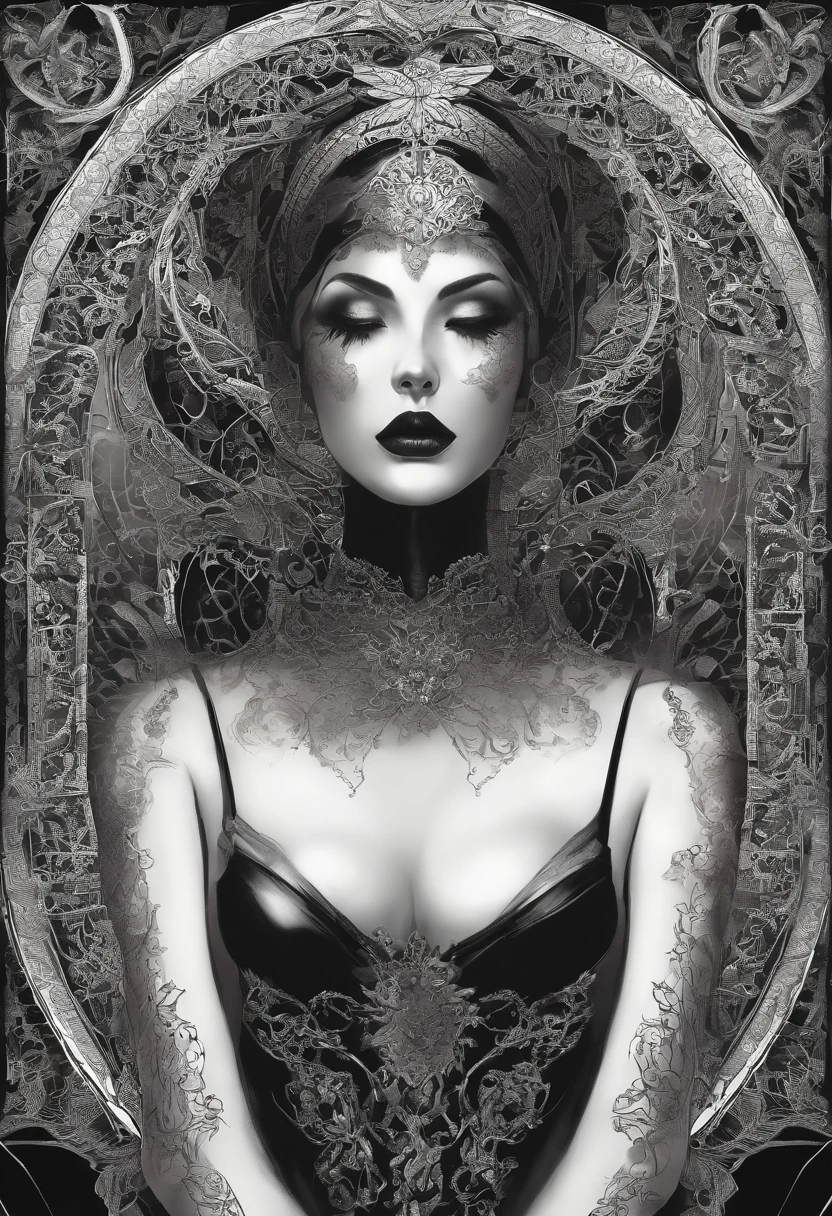 mature adorned m.i.l.f with intricate tattoos, donning a luxurious latex, hijab, strep, lying, emanating the allure of a seductive Gothic witch, exposing her enticing curves and long black nails, without underwear, naked, hot position, high heels, back, thicc, hatching, fitness body, sexualities positions."