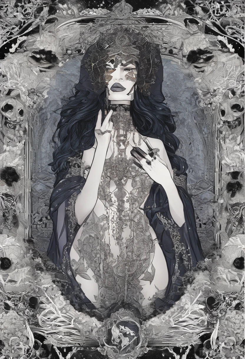 mature adorned m.i.l.f with intricate tattoos, donning a luxurious latex, hijab, strep, lying, emanating the allure of a seductive Gothic witch, exposing her enticing curves and long black nails, without underwear, naked, hot position, high heels, back, thicc, hatching, fitness body, sexualities positions."