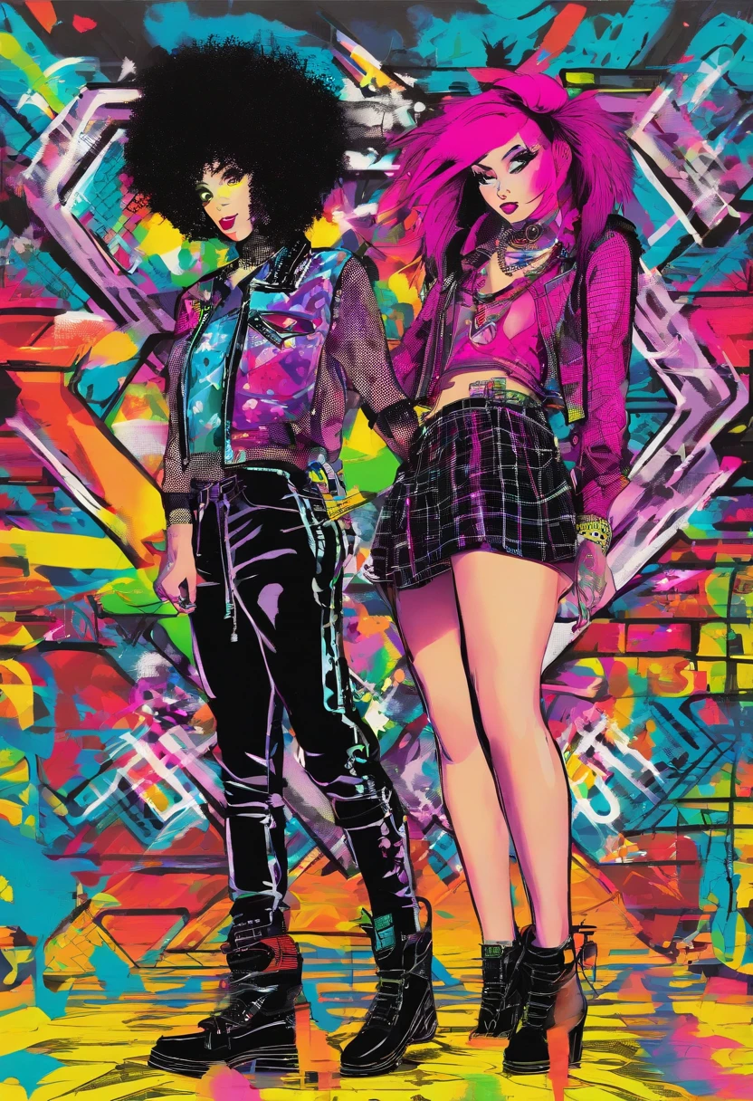 2 defiant DJs kissing with a neon led lit fishnet shirt and plaid micro skirt, combining punk's confrontational attitude with starpower. The ensemble is completed with a studded collar, safety pin jewelry, and high platform boots. A spectacular neon coloed mohawk crowns her head, catching the strobe lights