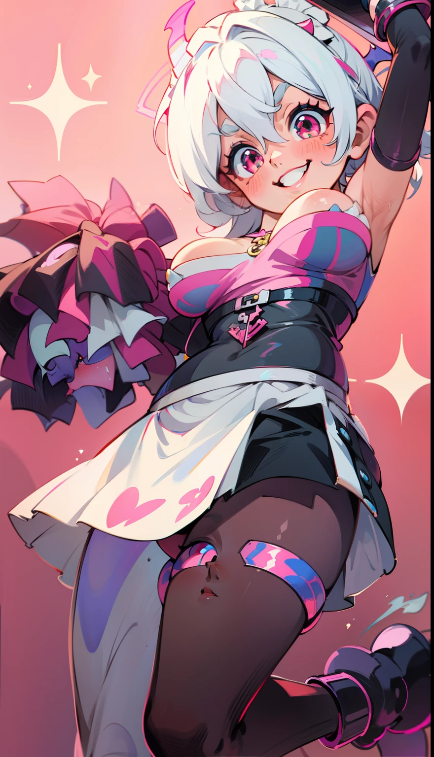 Girl in black and white dress, Pink tail, anime cat girl in a maid costume, style of magical girl, Small two-tone curls, fleshy feeling, sparkling magical girl, portrait of magical girl, anime girl in a maid costume, nyaruko-san, Splash art, Openwork maid costume, lollipop, Detailed key anime art, white hair, long hair,{{{demon horns}}}, {{{demon wings}}} , huge boobs, full body, sexy, lip bite, ahegao, smiling, {{{red eyes}}}, {{{white hair}}}