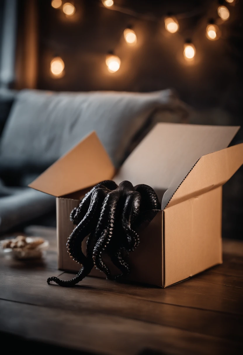POV front camera, a carton box opened on the table front view, black big tentacles amrs out from the box, horror