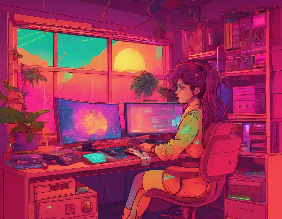 Girl working at computer desk,The room was warm,Full of greenery,catss,big window,Outside is vintage architecture,themoon,extremely colorful