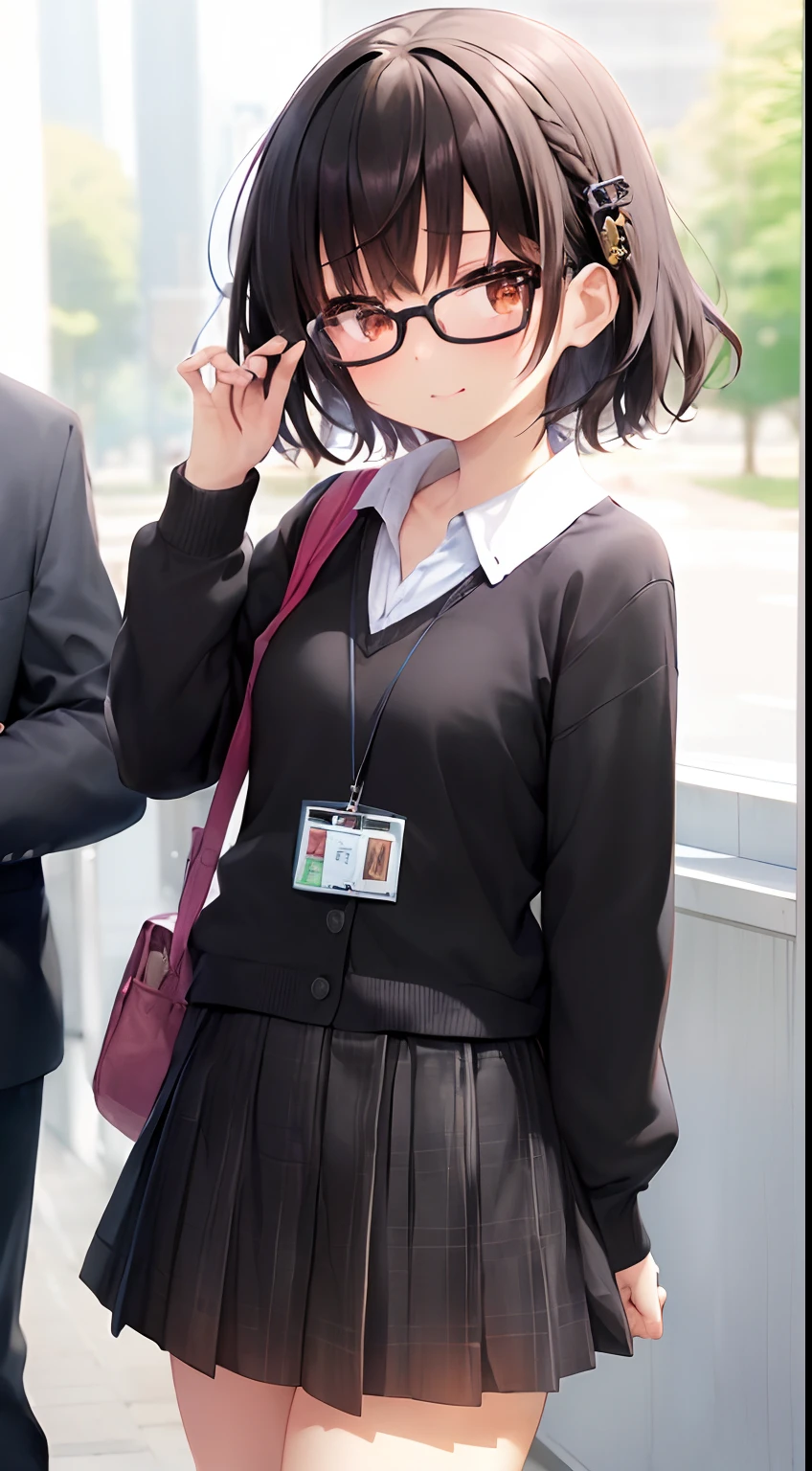(masutepiece, Best Quality, Capture super cute moments, depth of fields, ultra-detailliert, Ultra High Resolution, C4D, Octadale, 3D Modeling, 8K, 16 K, one girls、a junior high school student、A dark-haired、short-hair、straight haired、Light brown eyes,hair adornments、wearing black glasses、Cute face), Secretary's suit、a miniskirt、s Office、Hang your ID card around your neck