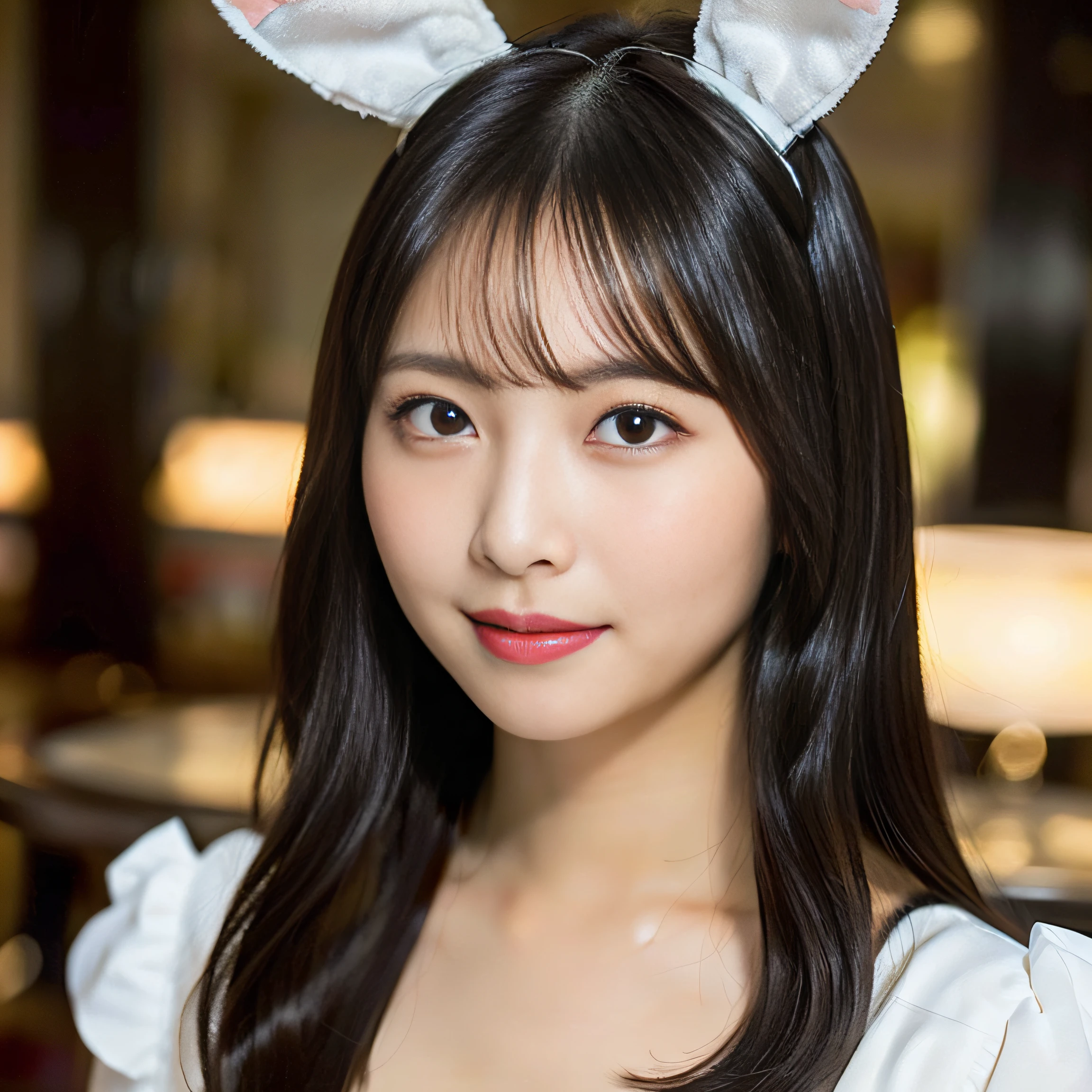 (realisitic、Photorealsitic:1.37)、(masterpiece)、(top-quality:1.4)、(超A high resolution:1.2)、(Raw photography:1.2)、(foco nítido:1.3)、(facefocus:1.2)、elegent、(full body Esbian:1.2)、1girl in, (Solo:1.2), (Black hair black:1.3), Long hair, Large breasts, (Bunny Girl:1.4), (Playboy Bunny:1.3),(33yo:1.1)、(happy smail:1.3)、bangss, beautiful finely detailed eyes, Look at viewers, (cute little)、casino、bars