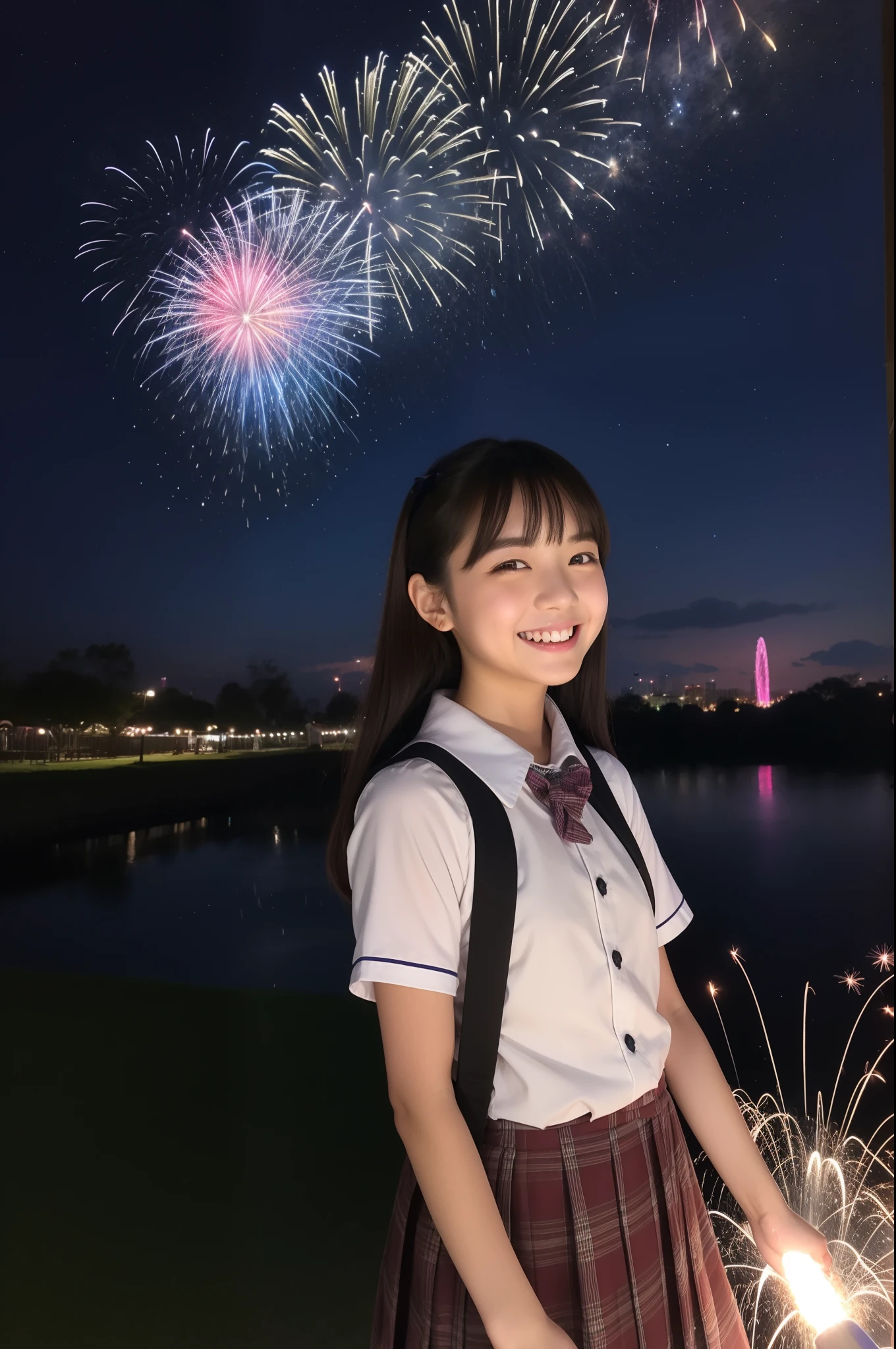 A smile、hi-school girl、校服、shortsleeves、An amusement park、While doing fireworks、starrysky、Aurora