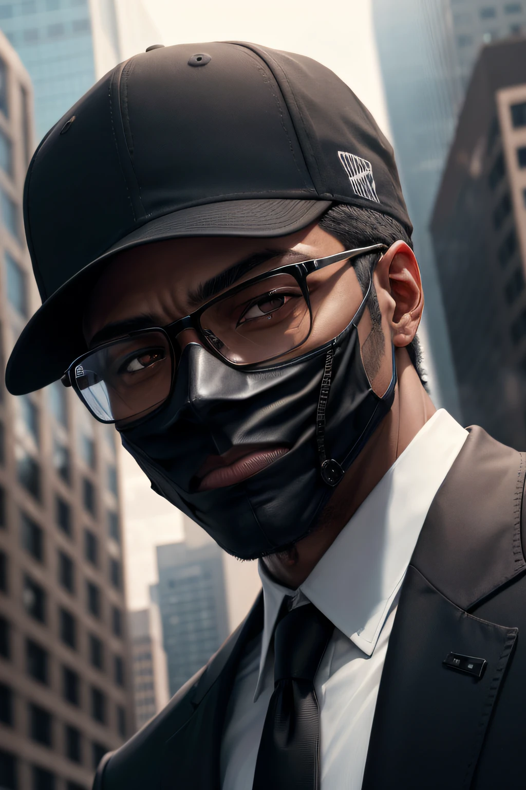 1 man, black eyes, dark skin, wearing a black business suit, black rap cap, black ballistical glasses, black tactical half face mask, city, absurdres, high res, ultrasharp, 8K, masterpiece, looking at viewer