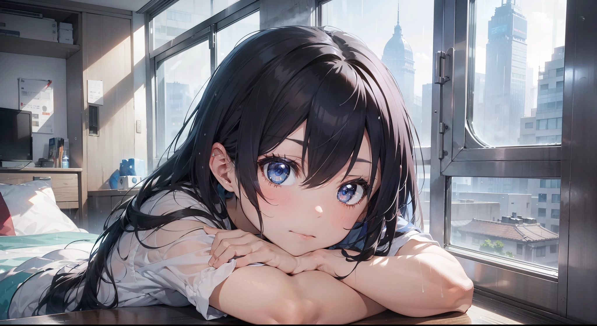 shanghai, China，A girl sits on the floor of a ten-story building，Window of the room on the thirteenth floor, You can see that it is raining lightly outside, Faraway view，Fogging near the ground，brunette color hair，Back against the wall，And hold your legs with your hands，plethora of colors，Masterpiece，high detal，Estilo de Makoto Shinkai。blueneyes