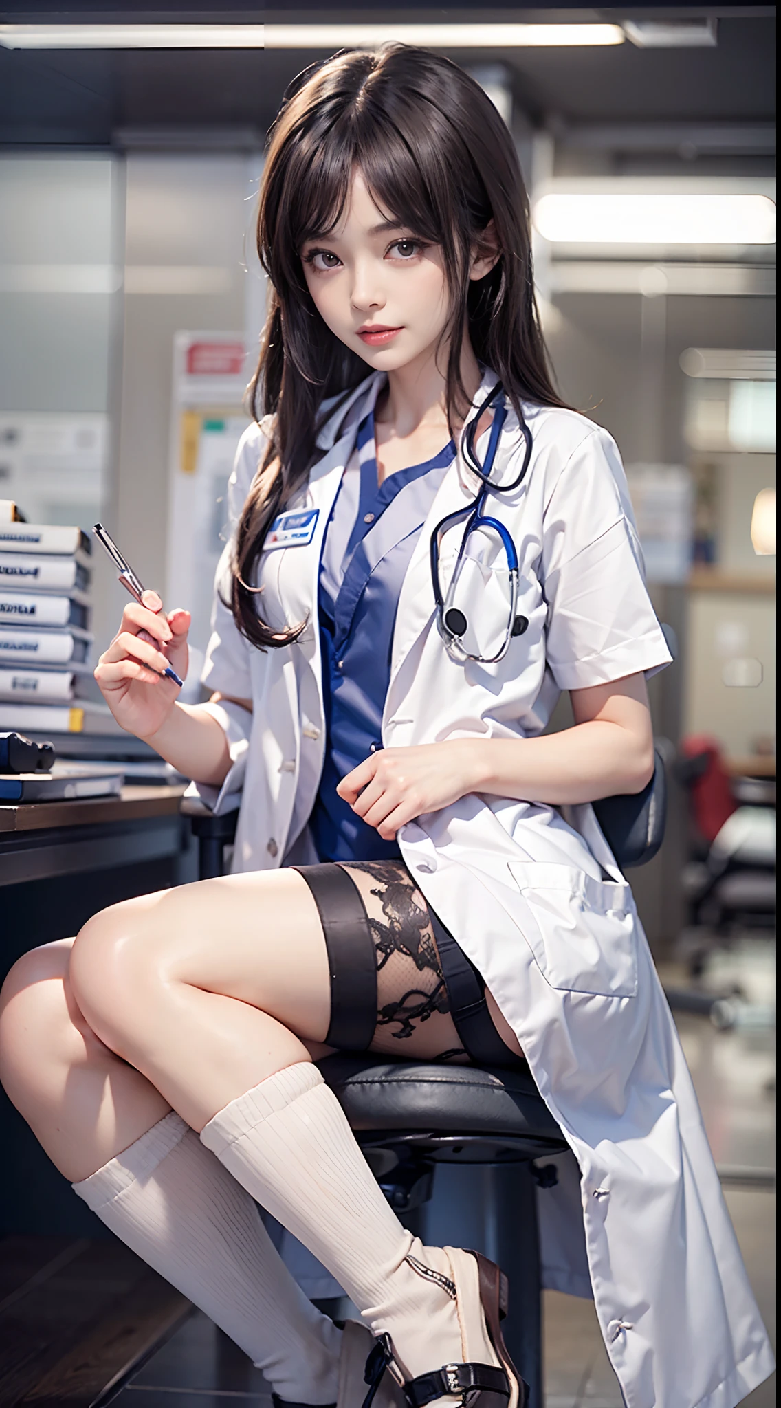 1womanl、(Super beautiful)、(ultra beautiful faces:1.5)、Nurse、(white  panties)、Clear pubic contours、Spread your legs、(Nurse Uniform)、Obstetric examination chair、(At SFW:1.1)