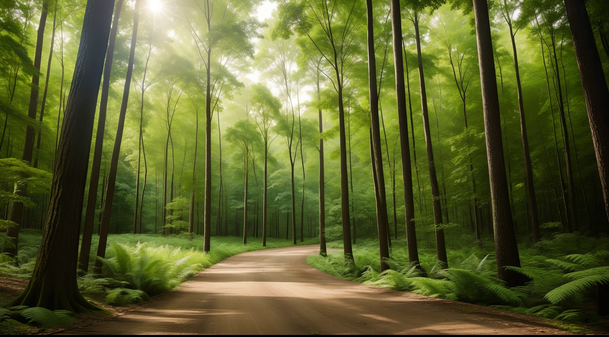 Dense forest, Bright green tree々, hardwood, unmanned, landscape shot, top-quality, ​masterpiece, Realistic, ultra-detailliert, natural soft light