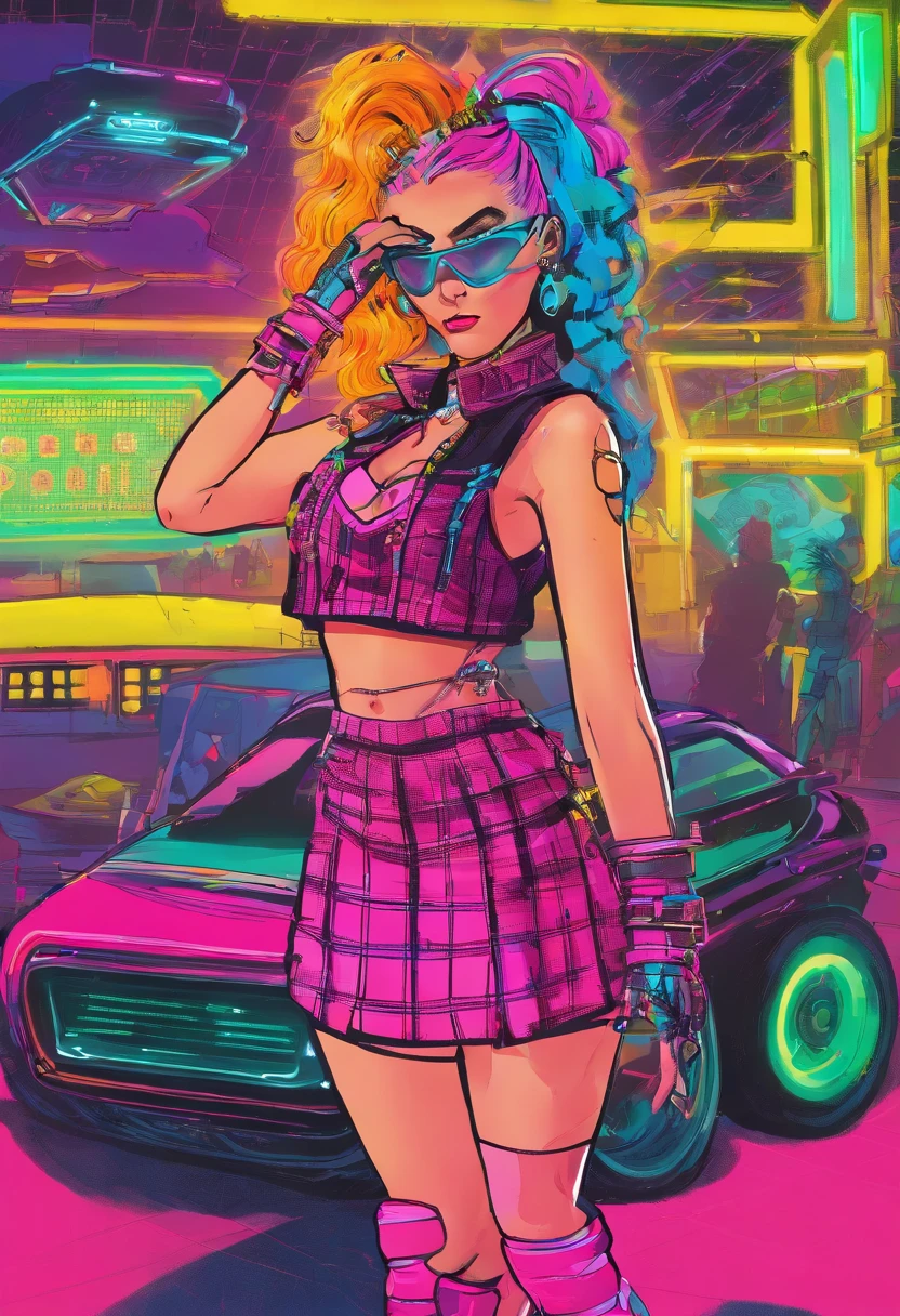 2 defiant DJs kissing with a neon led lit fishnet shirt and plaid micro skirt, combining punk's confrontational attitude with starpower. The ensemble is completed with a studded collar, safety pin jewelry, and high platform boots. A spectacular neon coloed mohawk crowns her head, catching the strobe lights