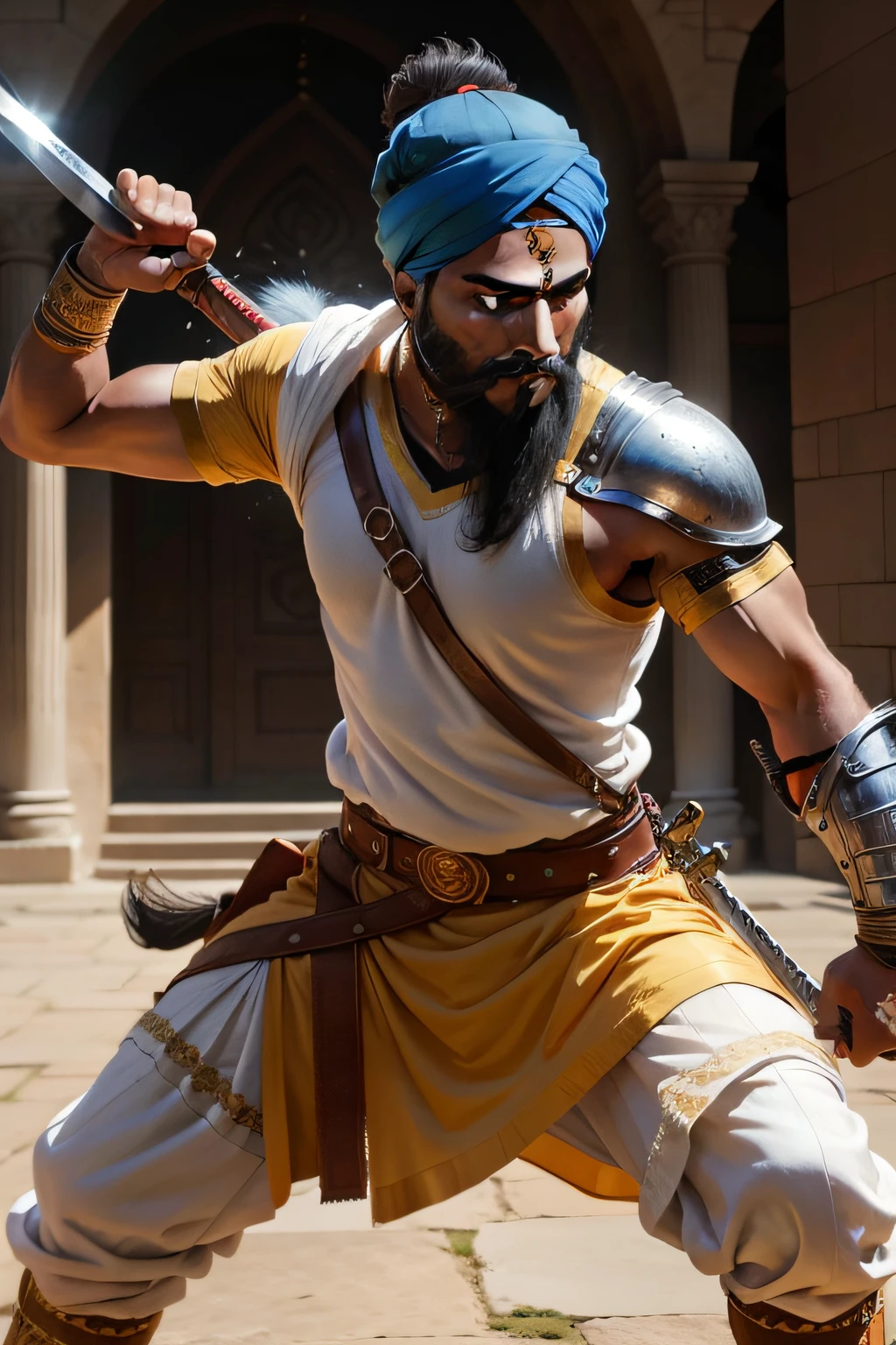 a sikh warrior attacking with sword holding in both hands