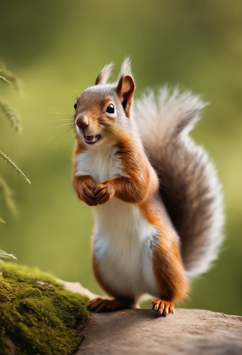 Little squirrel,adolable,Furry smile, best qualityer,tmasterpiece,(realisticlying:1.4),Cartoony,Wear a khaki jacket,With a hat on,Pine nuts in hand,White hair。