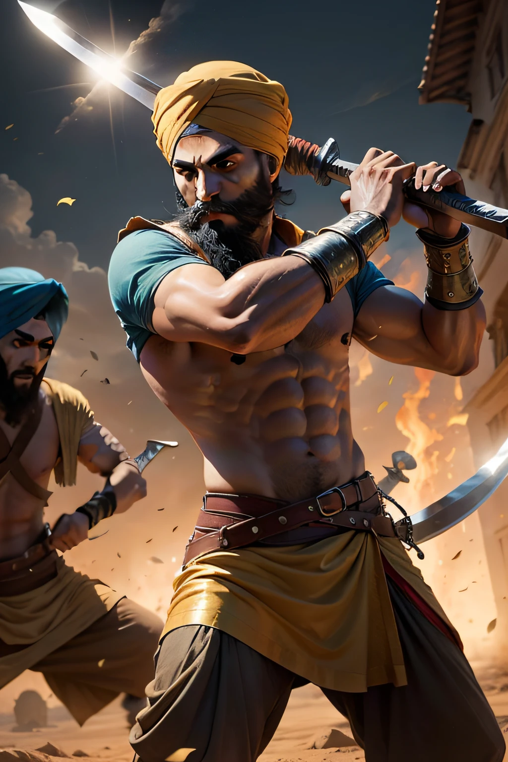 a sikh warrior attacking with sword holding in both hands