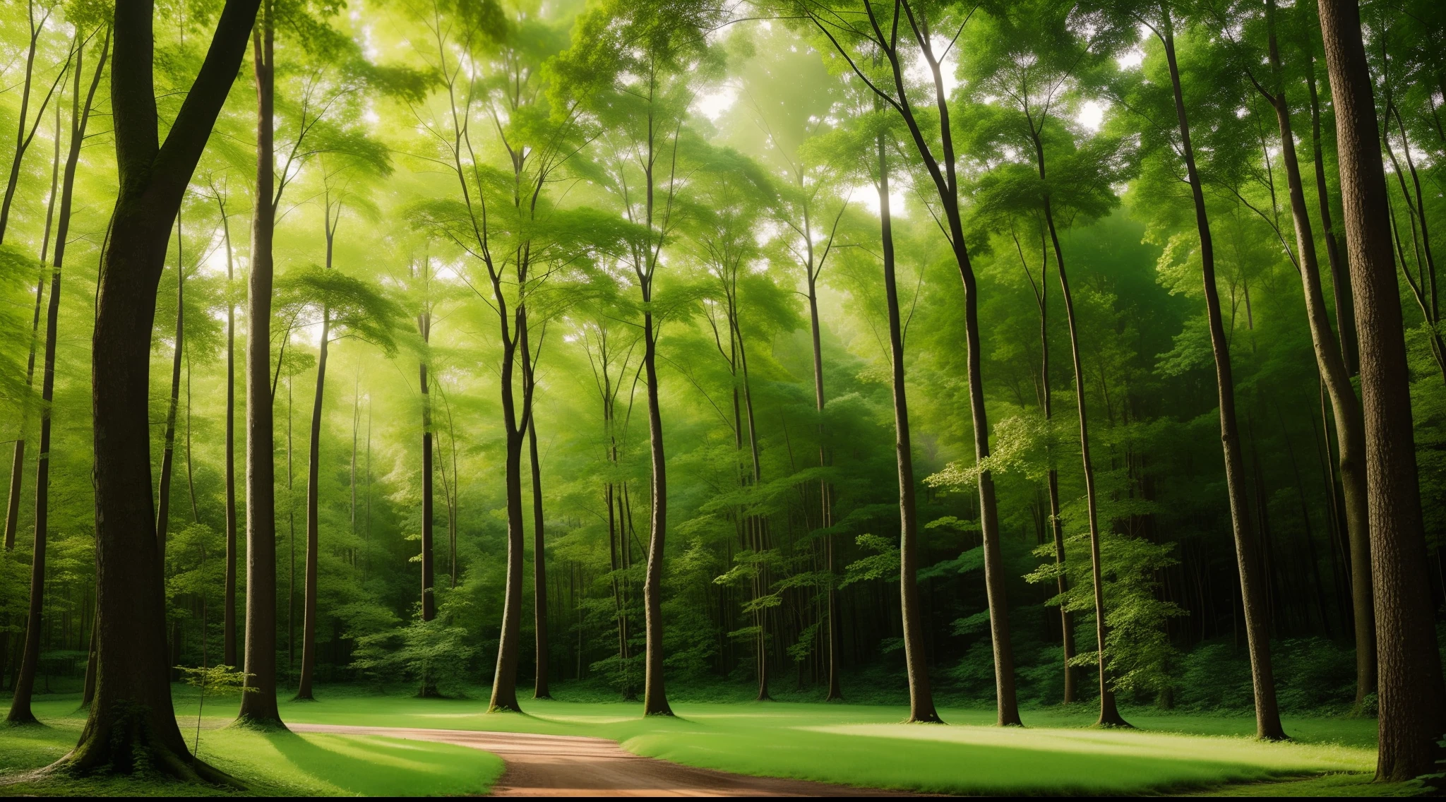 Dense forest, Bright green tree々, hardwood, unmanned, landscape shot, top-quality, ​masterpiece, Realistic, ultra-detailliert, natural soft light