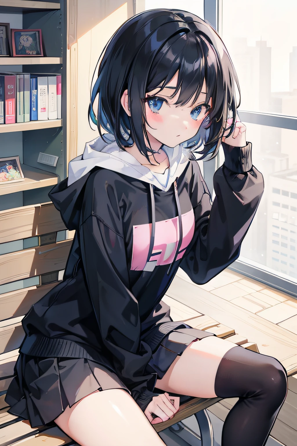 anime girl sitting on a bench in a library with a laptop, anime moe artstyle, anime visual of a cute girl, black haired girl wearing hoodie, beautiful anime high school girl, smooth anime cg art, anime style 4 k, cute anime girl, young anime girl, an anime girl, portrait anime girl, the anime girl is crouching, painted in anime painter studio