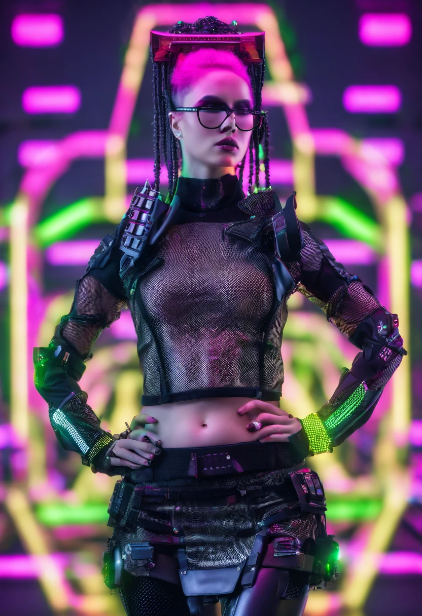 2 defiant DJs kissing with a neon led lit fishnet shirt and plaid micro skirt, combining punk's confrontational attitude with starpower. The ensemble is completed with a studded collar, safety pin jewelry, and high platform boots. A spectacular neon coloed mohawk crowns her head, catching the strobe lights