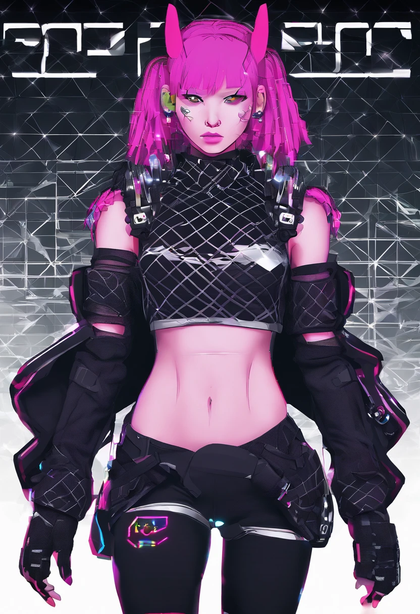2 defiant DJs kissing with a neon led lit fishnet shirt and plaid micro skirt, combining punk's confrontational attitude with starpower. The ensemble is completed with a studded collar, safety pin jewelry, and high platform boots. A spectacular neon coloed mohawk crowns her head, catching the strobe lights