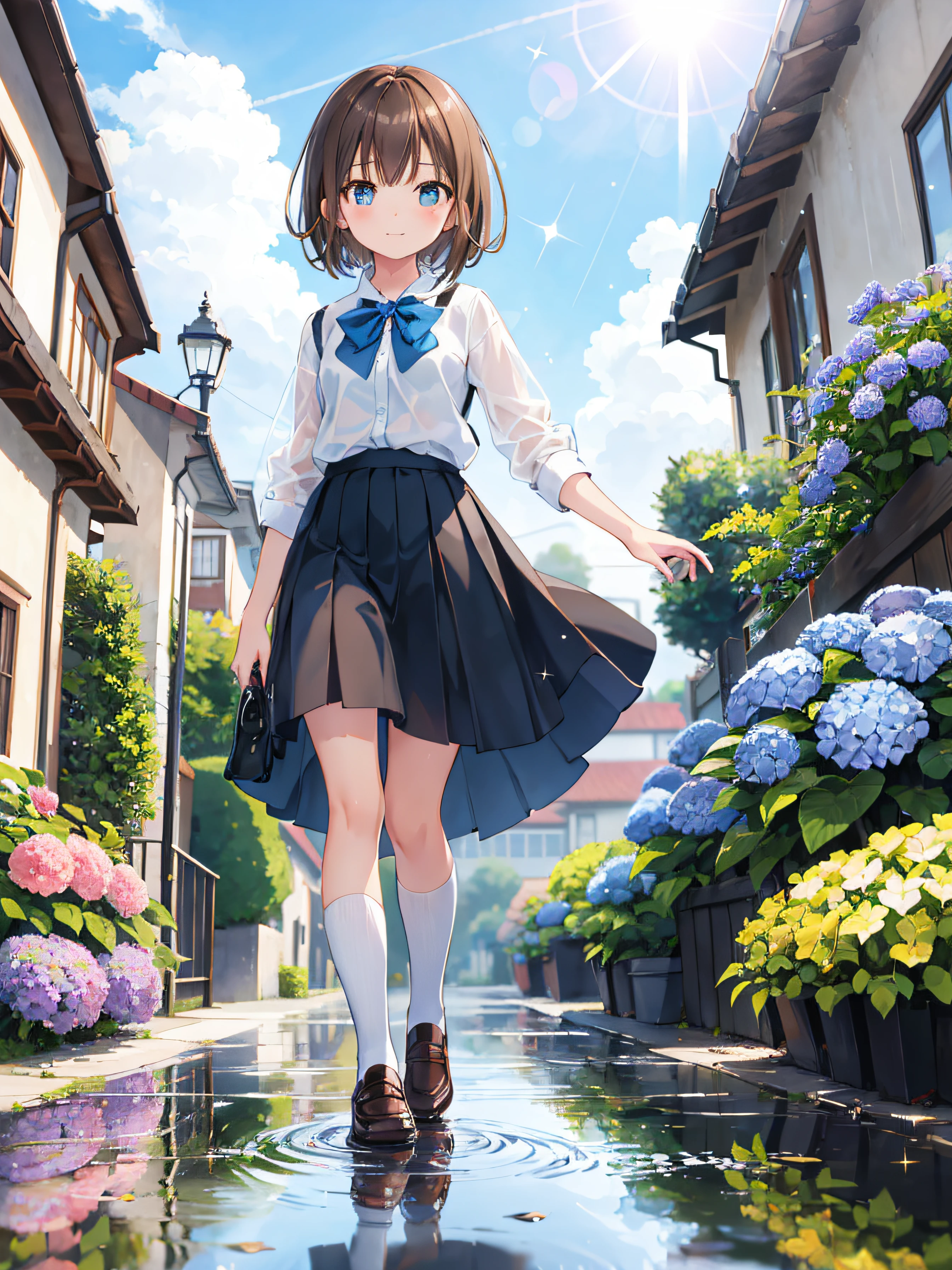 (solo), cute little (1girl) walking,path,[from below:1.2],brown hair,sine short hair,brown eyes,puddle,Water Reflection,rain,floating water drop,hydrangea,(blurry foreground),dynamic angle,asphalt,(blue sky),lens flare,school uniform,(glitter:1.2)