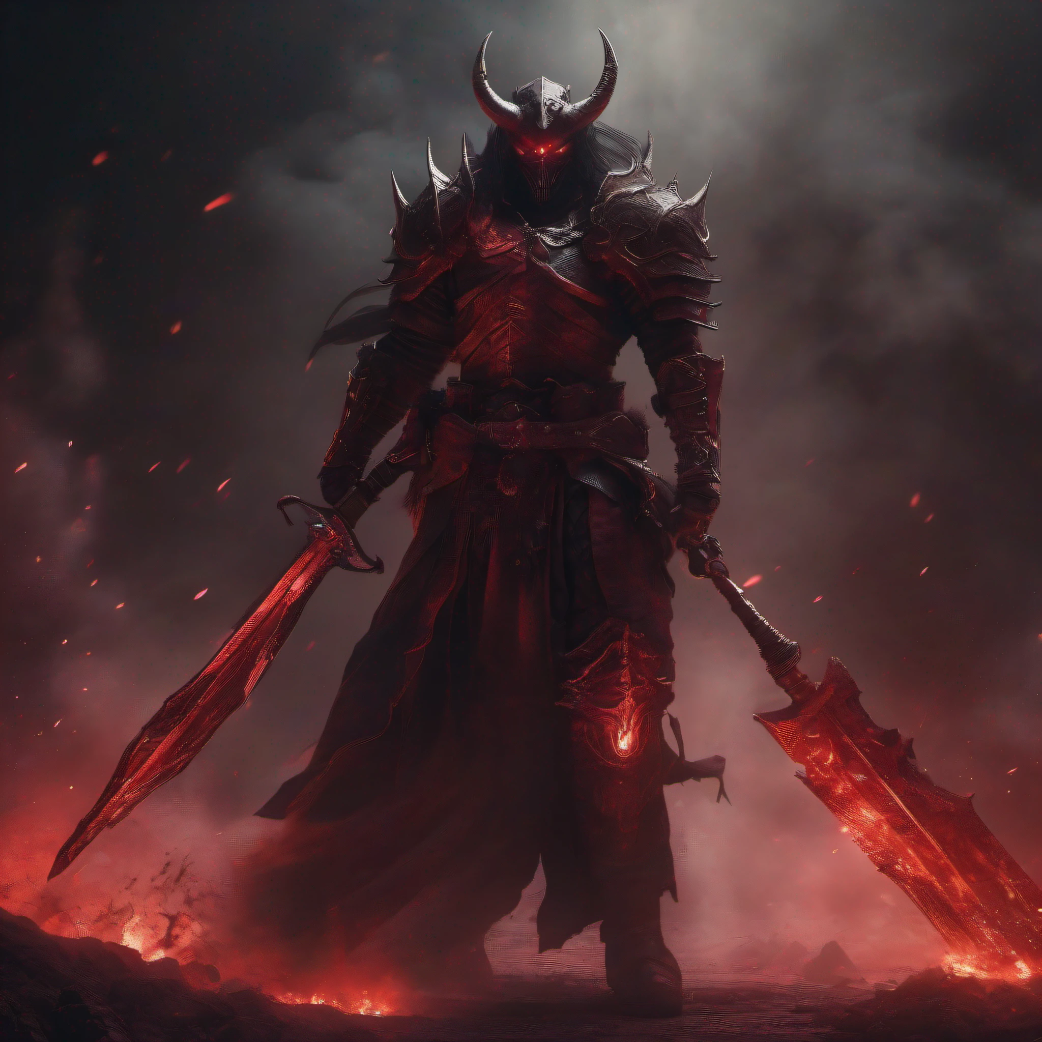 tmasterpiece,Best quality at best,VerydetailedCG,Complicated details,high detal,A high resolution,k hd,8k wallpaper,A demon with a giant sword looms in the smoke,Wasteland Battlefield,Dark red tones,火焰,dense smoke,Dark red glowing eyes