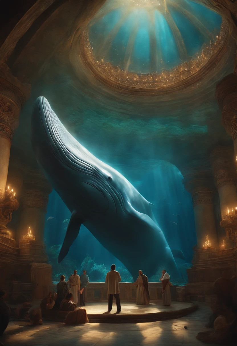 Create an artistic representation of the inside of the giant whale's belly, with Jonah a prophet of God praying fervently.