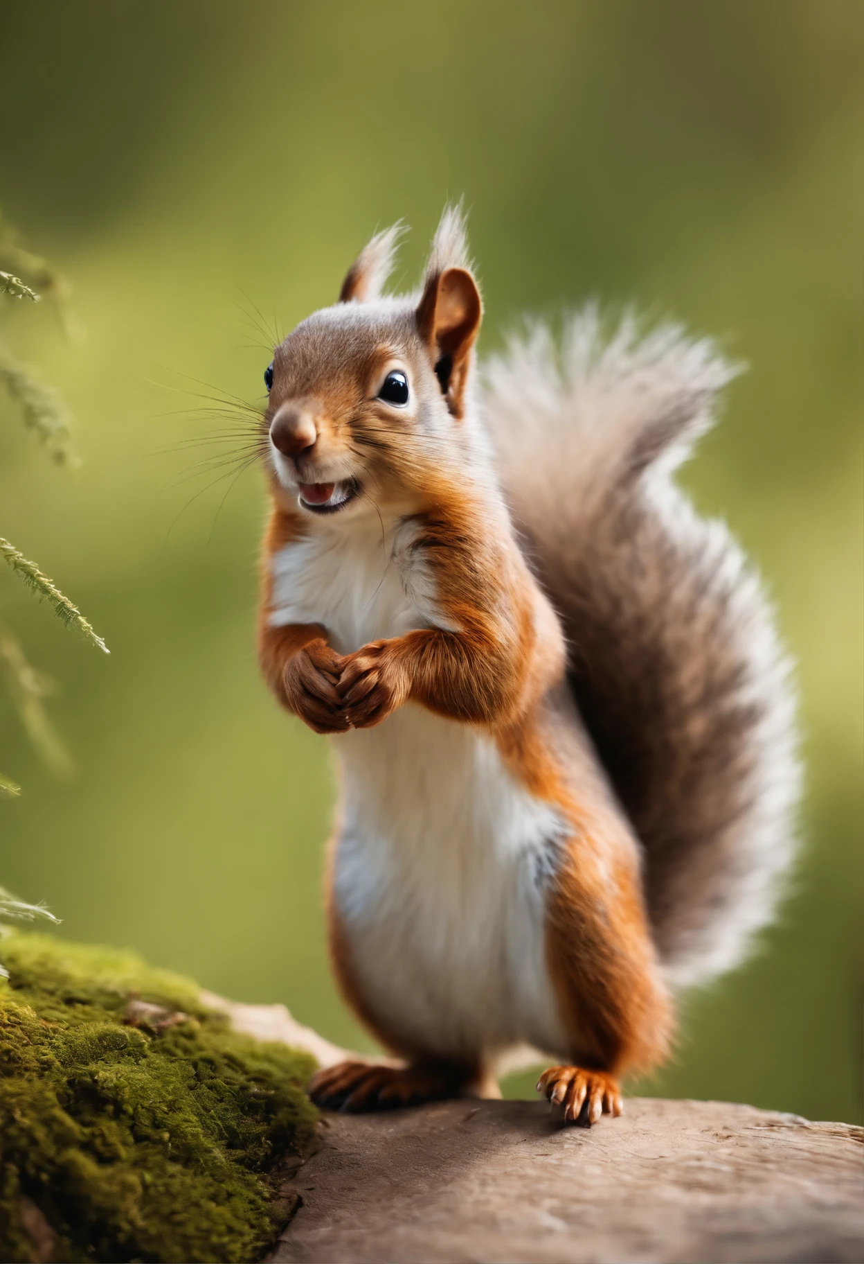 Little squirrel,adolable,Furry smile, best qualityer,tmasterpiece,(realisticlying:1.4),Cartoony,Wear a khaki jacket,With a hat on,Pine nuts in hand,White hair。