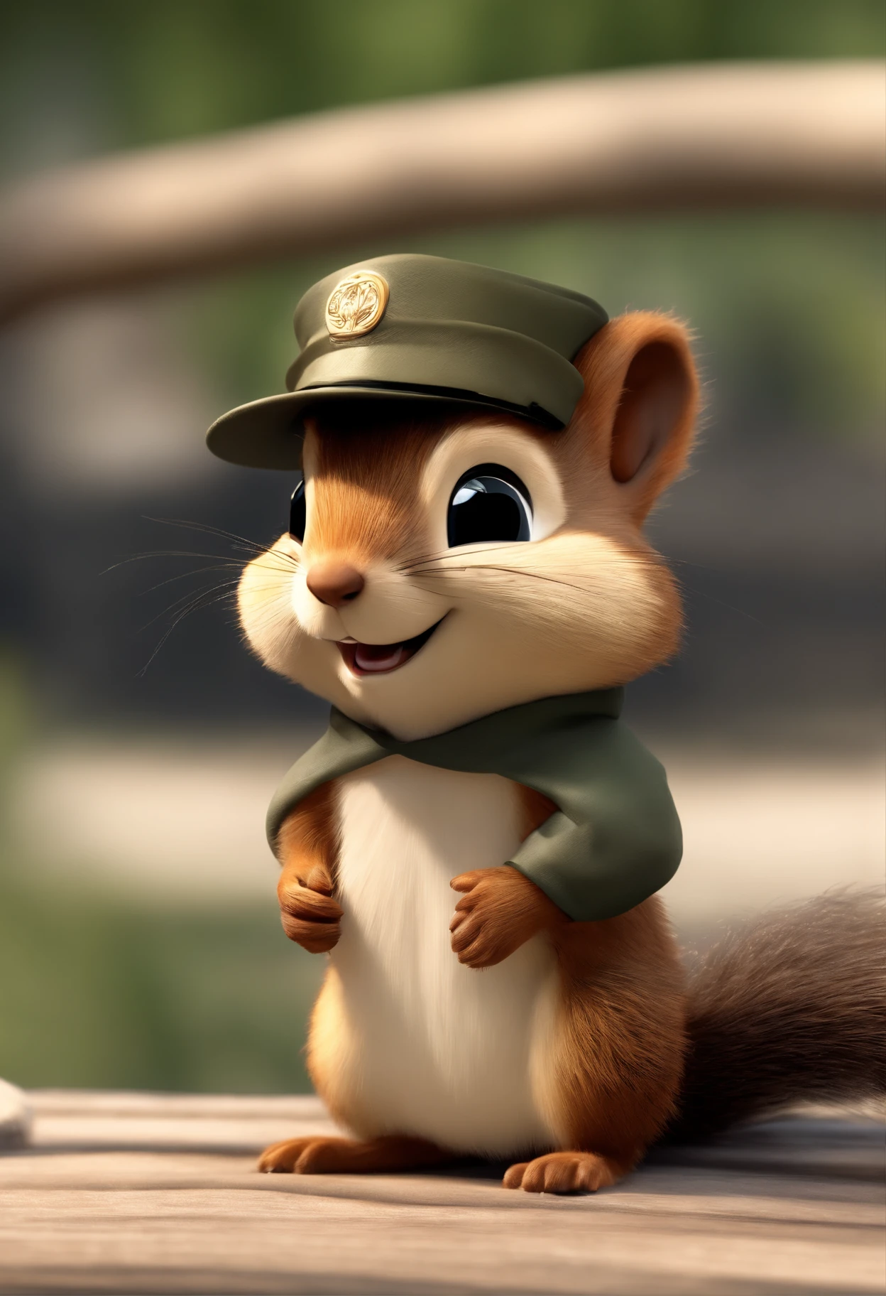 Little squirrel,adolable,Furry smile, best qualityer,tmasterpiece,(realisticlying:1.4),Cartoony,Wear a khaki jacket,With a hat on,Pine nuts in hand,White hair。
