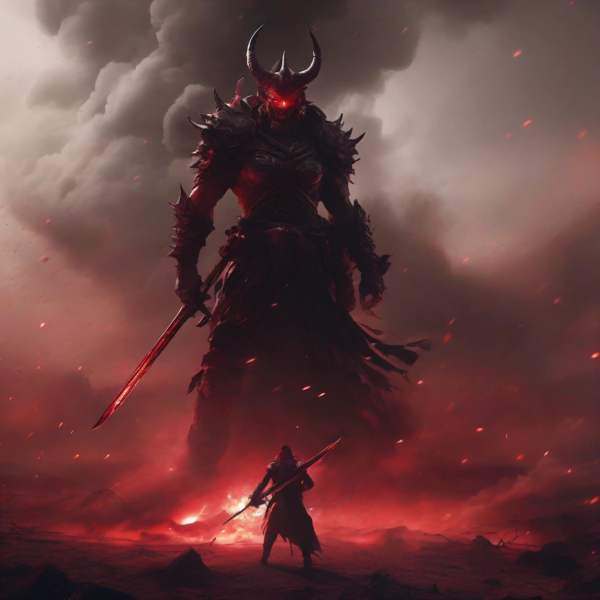 tmasterpiece,Best quality at best,VerydetailedCG,Complicated details,high detal,A high resolution,k hd,8k wallpaper,A demon with a giant sword looms in the smoke,Wasteland Battlefield,Dark red tones,火焰,dense smoke,Dark red glowing eyes