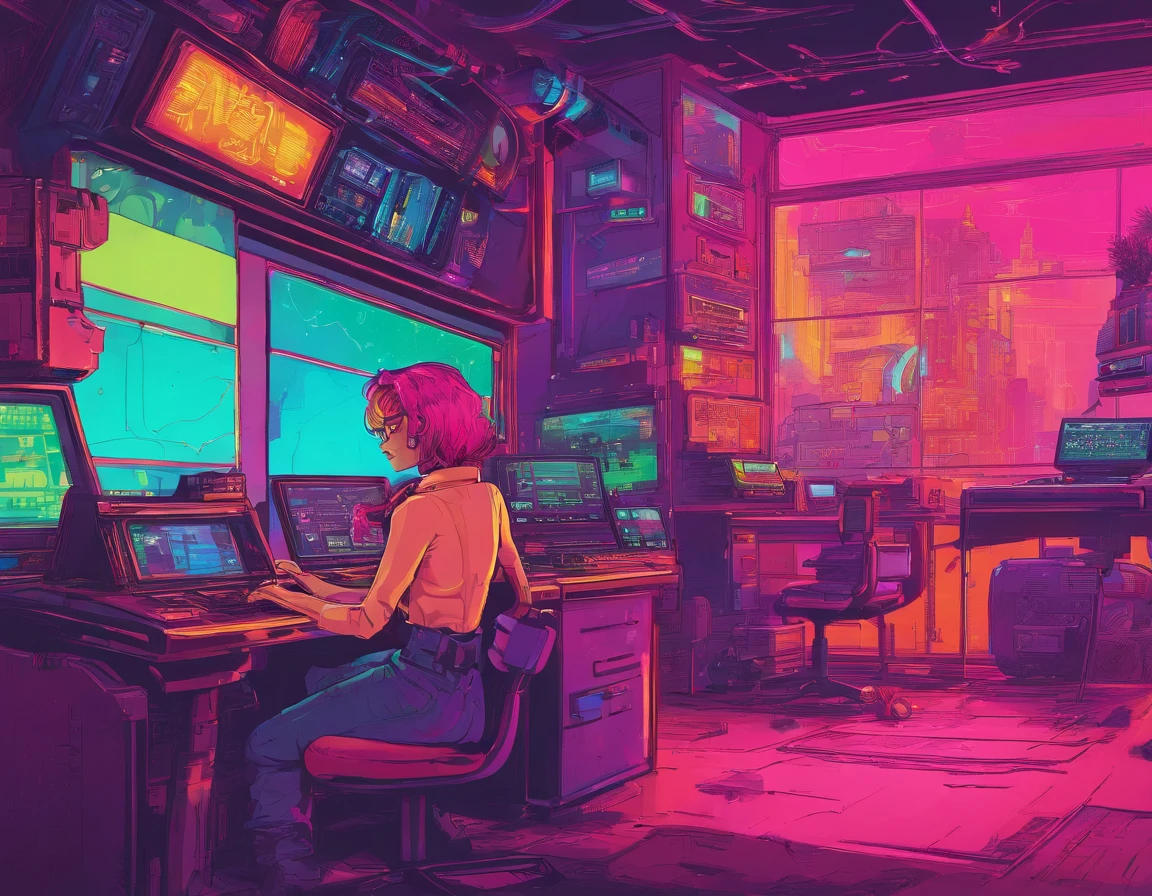 In front of the table are large windows,Girl back,Computer,Full of greenery,catss,Outside the window is vintage architecture,themoon,extremely colorful