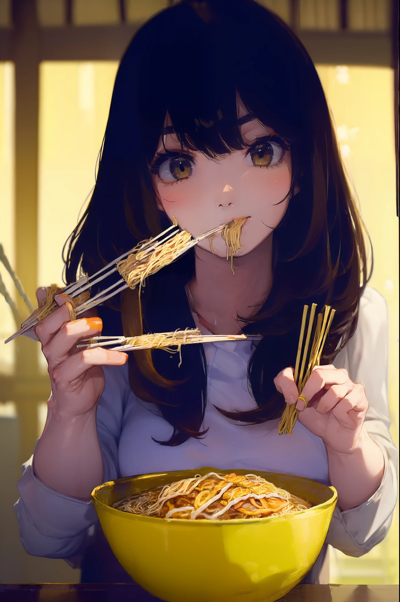 ((((Eat noodles in a bowl using chopsticks:1.5)))),((Female 28 years old)),((Best Quality:1.5)),(((Hands with the correct number and structure of fingers:1.4))),((Big fish:1.37)),hight resolution,ultra-detailliert,masterpiece,best qualtiy,(Eight-headed body),Black hair, long eyeslashes, by lake,Solid Circle Eyes, drop shadow, Atmospheric perspective,Super Detail, ccurate, small brest,(Black jacket and black jeans :1.1),top-quality, blurry backround, bokeh dof:1.2, (masterpiece:1.3), Atmospheric perspective,Super Detail,dynamic compositions,