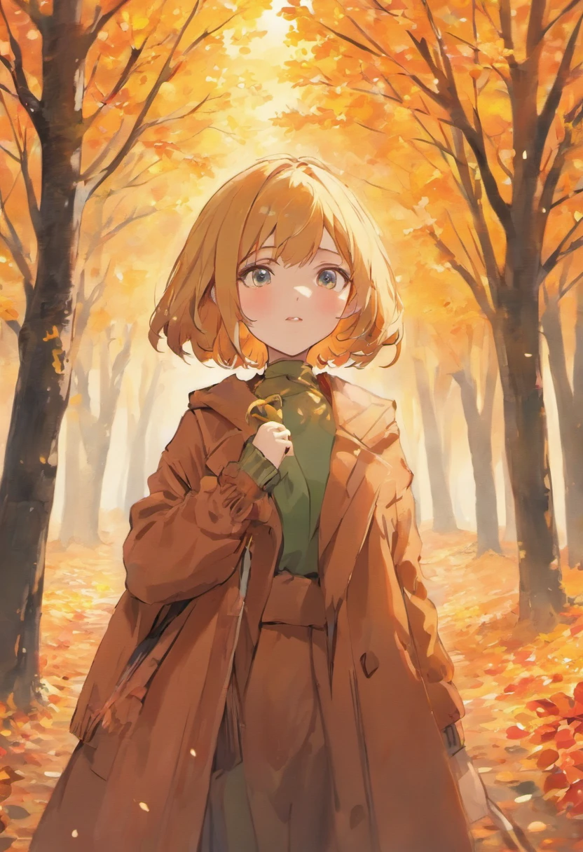autumn trees, fashionable European woman dressed in autumn clothes, flowers, vibrant colors, soft lighting, oil painting texture, detailed features, 4k resolution, professional portraits, vivid color palette