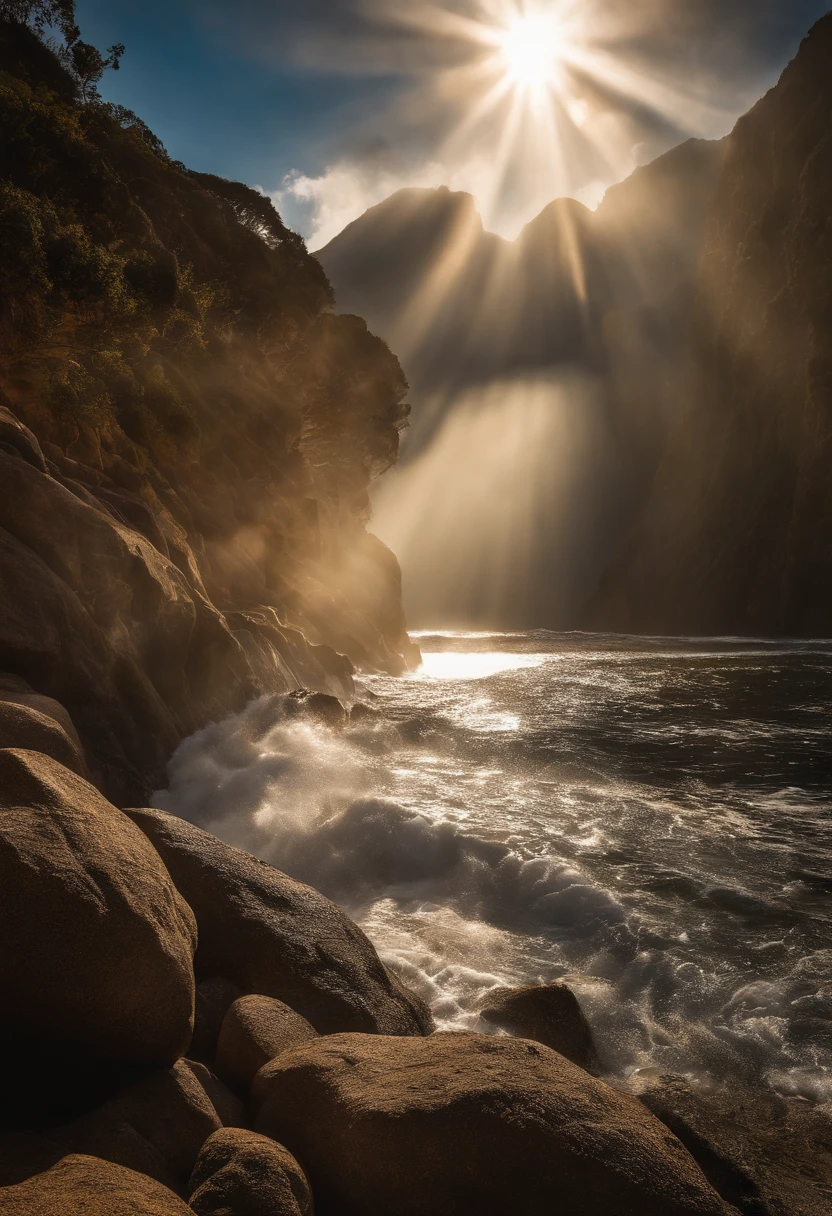 The sun shines through the clouds and the sea,Rocks and waves, God Sun Rays, Divine rays shining from above, Sunlight breaks through the clouds, Divine Rays, Luz Divina, Divine Rays, The sun's rays between the clouds, Highly detailed divine rays, Light coming from above, Sacred rays, God Light, God Light, God - Ray