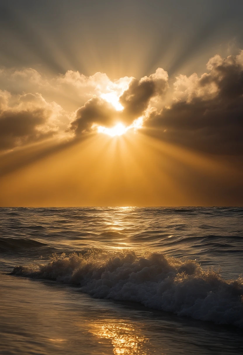 The sun shines through the clouds and the sea,Rocks and waves, God Sun Rays, Divine rays shining from above, Sunlight breaks through the clouds, Divine Rays, Luz Divina, Divine Rays, The sun's rays between the clouds, Highly detailed divine rays, Light coming from above, Sacred rays, God Light, God Light, God - Ray