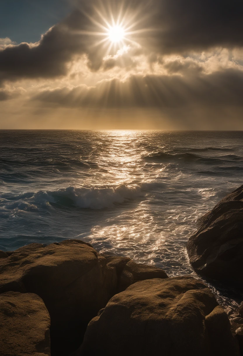 The sun shines through the clouds and the sea，Rocks and waves, God Sun Rays, Divine rays shining from above, Sunlight breaks through the clouds, Divine Rays, Luz Divina, Divine Rays, The sun's rays between the clouds, Highly detailed divine rays, Light coming from above, Sacred rays, God Light, God Light, God - Ray