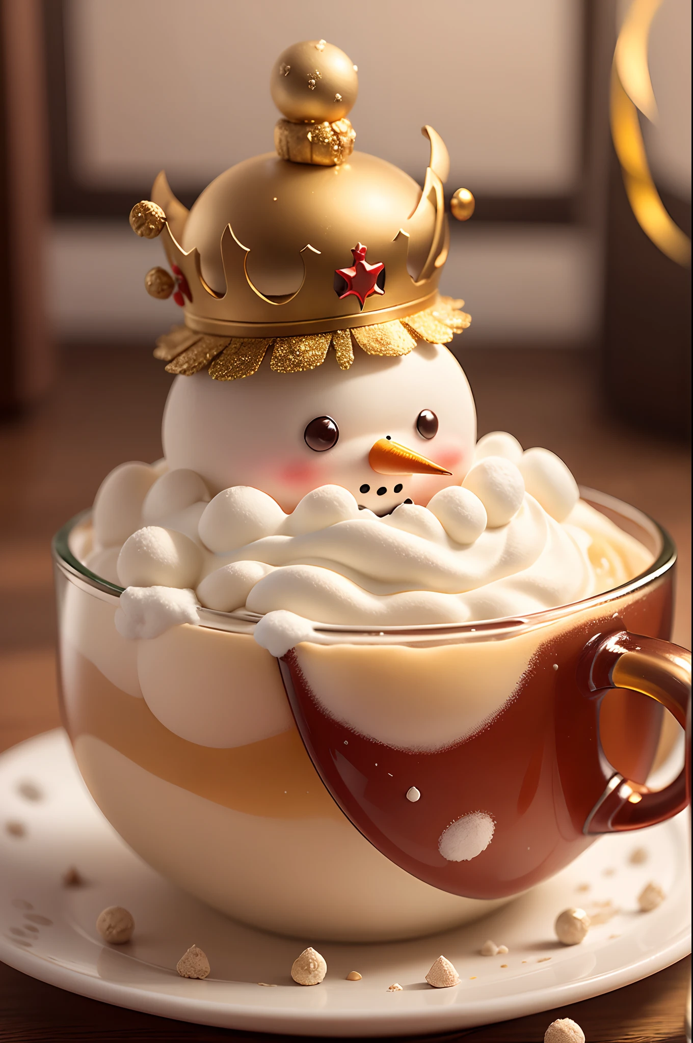 (The cute fat snowman wears a small golden crown on his head，Red cape). A large glass of beer，Top with cream and colored ice cream balls，Chocolate chips，High quality，Creative，Cool