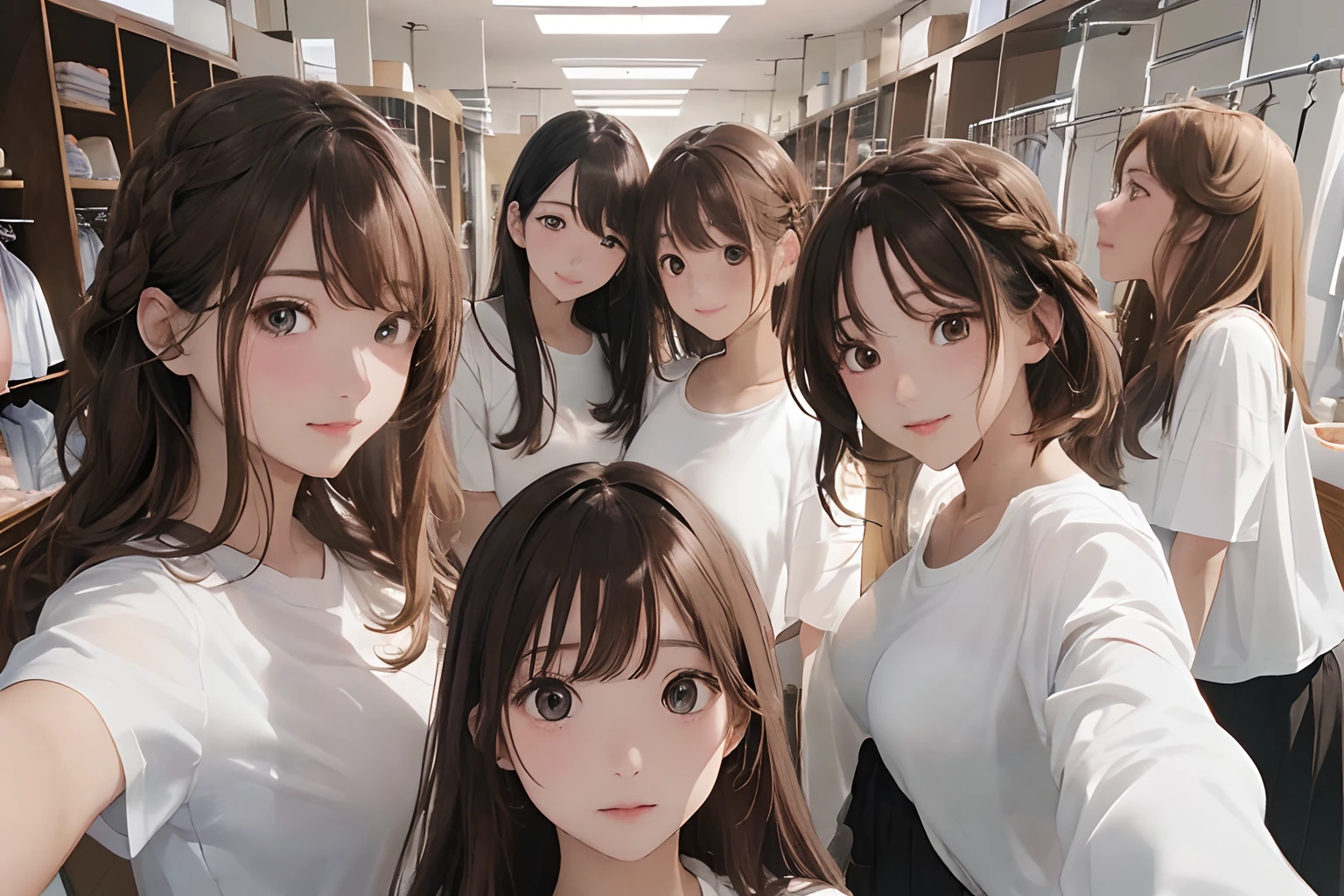 (frombelow:1.4)、(five girls:1.4),(First 2 people、Back 3 people）、Light Brown Fringe Hair、Braided hair、disheveled hair、Light brown eyes、(dignified expression)、(爆乳:1.4)、Emphasize the valley、fittingroom、(Photorealsitic)、Shadow、(intricate detailes:1.2)、(​masterpiece、:1.3)、(top-quality:1.4)、(超A high resolution:1.2)、超A high resolution、(A detailed eye)、(detailed facial features)、(White shirt:1.2), (selfee:1.3)、Girls side by side