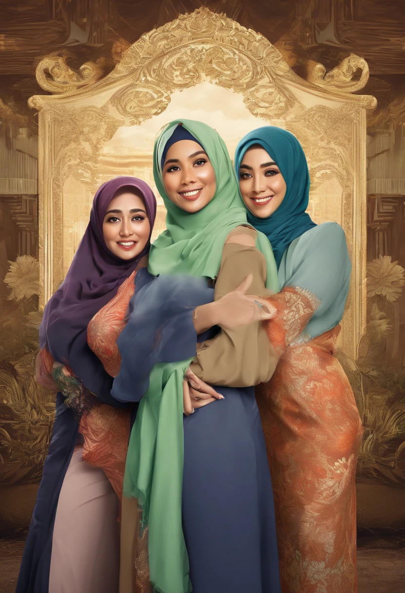 Design a hilarious movie poster featuring the three malay female in hijab as a main characters of our comedy film. Show them caught in a comical situation, with exaggerated facial expressions and props that reflect their distinct personalities. Add a touch of whimsy and fun to the poster to convey the lighthearted spirit of the movie