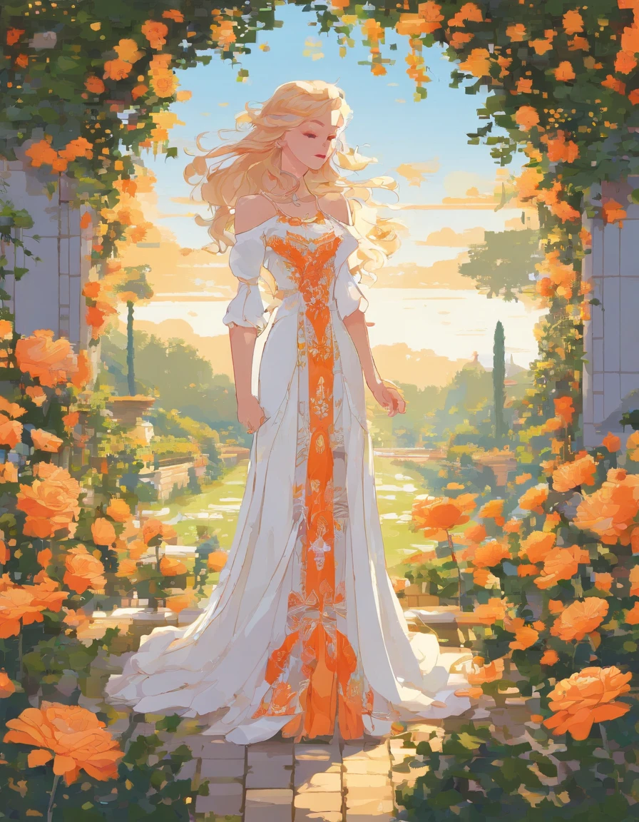 Woman in white and orange dress reminiscent of sun strolling in garden, Illuminated by soft sunlight. She has a beautiful face and brightly colored shining eyes. She wears intricate and delicate ornaments. florals々Beautiful gardens in full bloom. Detailed drawings. Vivid colors. High image quality.

((The human))、Woman in white and orange dress reminiscent of the sun、Stroll through the gardens illuminated by soft sunshine。For a beautiful face、Brightly colored eyes。Wearing intricate and delicate ornaments。Beautiful garden with flowers。Detailed drawing。Vibrant colors。high-level image quality。