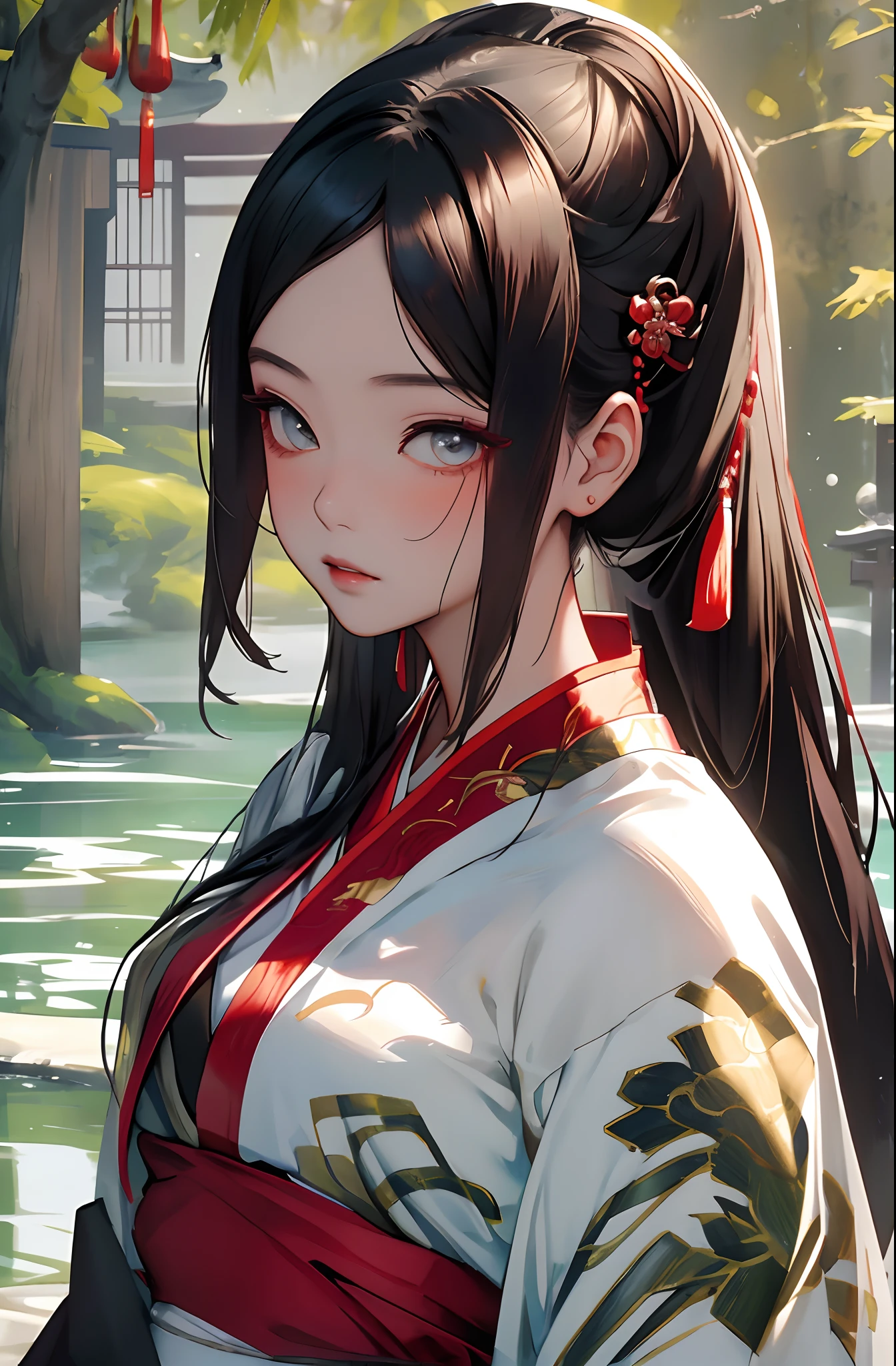 tmasterpiece，1girll，closeup cleavage，Wear white Hanfu，Chinese Traditional Cloth，Wrapped around a white plush neck，cabelos preto e longos，Bring a jade hairpin，Ancient Chinese garden background painting style，dynamicposes，closeup faces