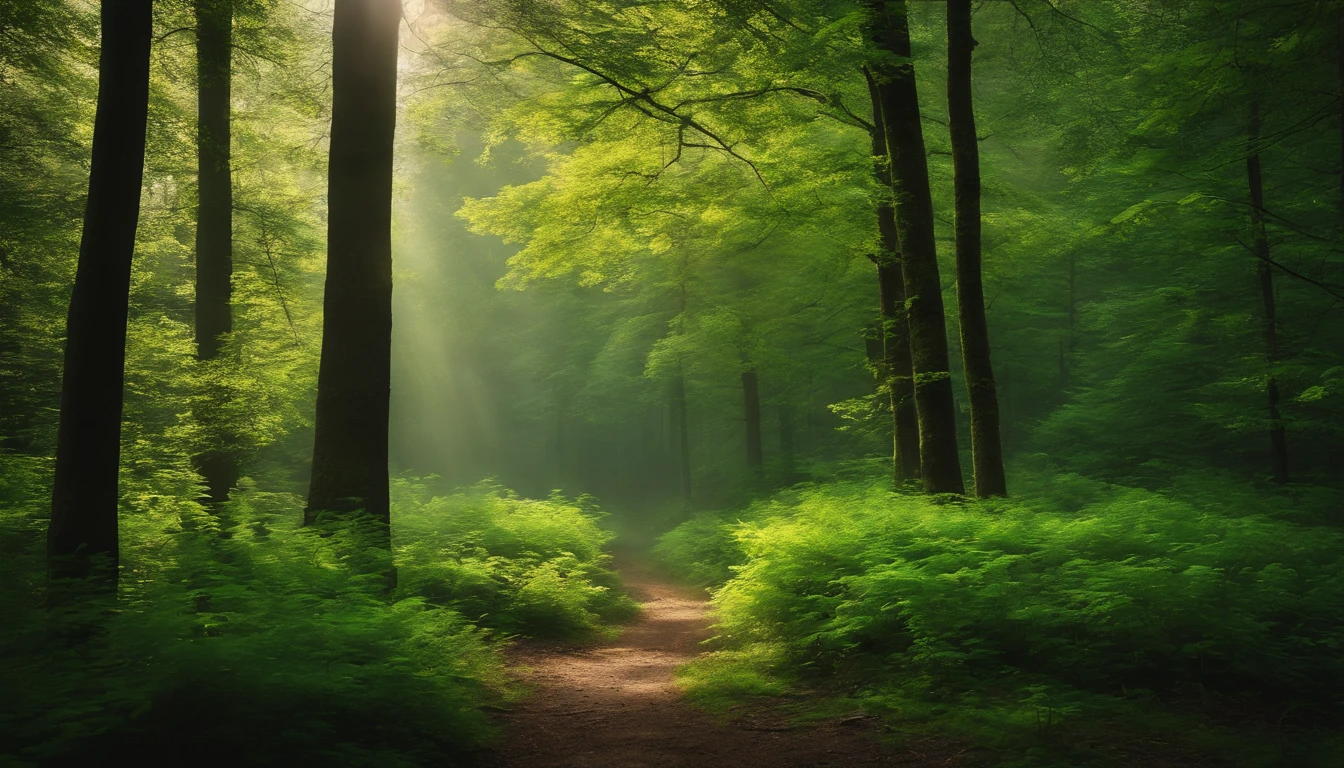 Dense forest, Bright green tree々, hardwood, unmanned, landscape shot, top-quality, masterpiece, Realistic, ultra-detailliert, natural soft light