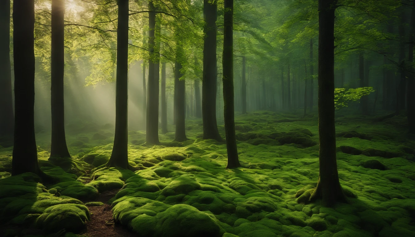 Dense forest, Bright green tree々, hardwood, unmanned, landscape shot, top-quality, masterpiece, Realistic, ultra-detailliert, natural soft light