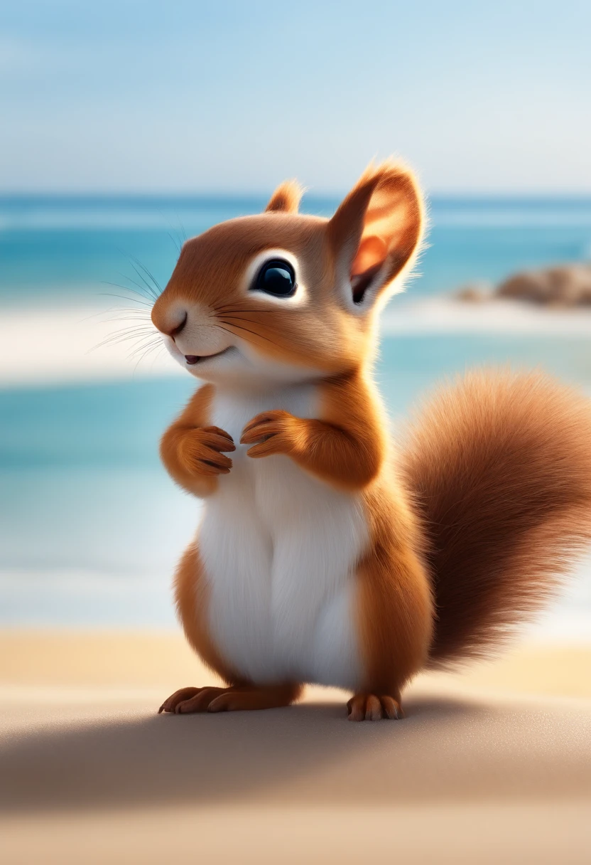 Little squirrel standing on the beach by the sea，and the sun was shining brightly，The sea is azure blue，adolable，Furry smile， best qualityer，tmasterpiece，（realisticlying：1.4)，Cartoony，Wear a white shirt，Wear a sun hat，Pine nuts in your hand，White hair。
