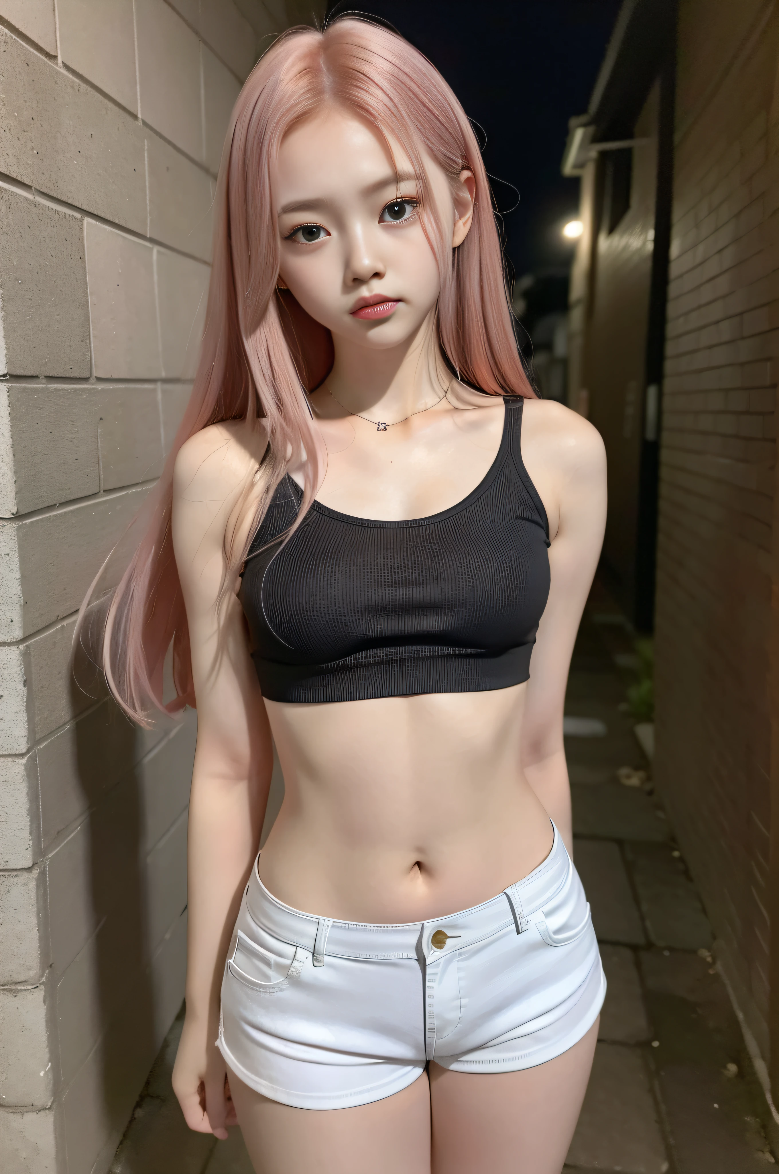 full body, kim chaewon in a bikini, , 15 yd korean petite young girl in a dark city street, dark creepy street, petite girl, small breast, petite figure, long pink hair, tight crop top shirt that expose midriff, tight white shorts, midriff exposed, small tits, ((thin-waist)), a small face