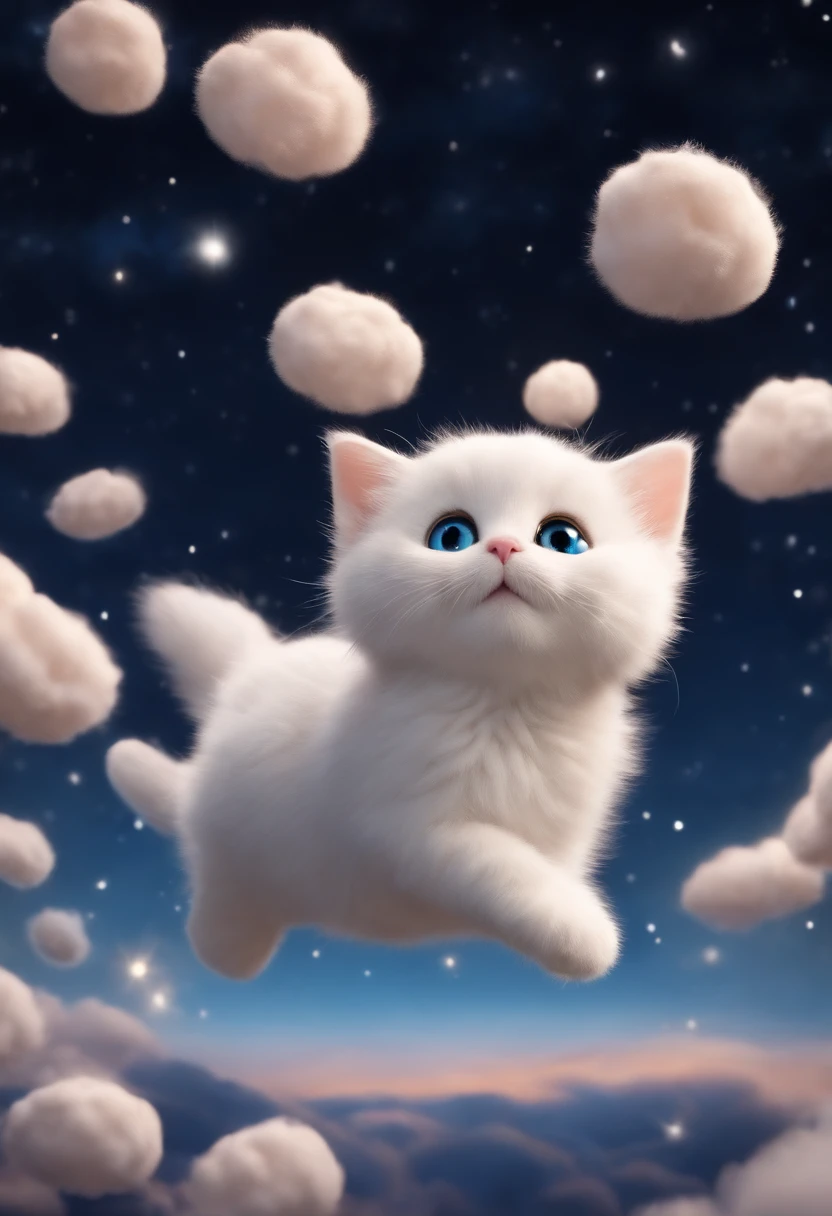 Highly detailed motion shooting of textured fur marshmallows
Cat jumping over marshmallow clouds in night sky, Adorable, kawaii, Highly detailed, Beautiful,Amazing 6, Starry sky