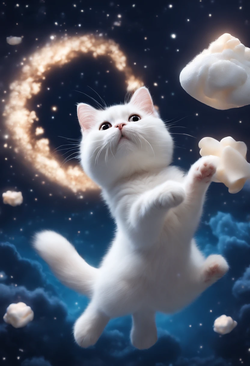 Highly detailed motion shooting of textured fur marshmallows
Cat jumping over marshmallow clouds in night sky, Adorable, kawaii, Highly detailed, Beautiful,Amazing 6, Starry sky