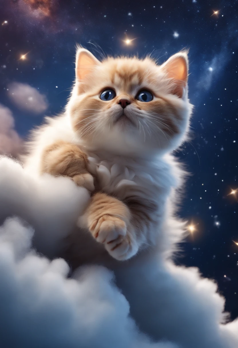 Highly detailed motion shooting of textured fur marshmallows
Cat jumping over marshmallow clouds in night sky, Adorable, kawaii, Highly detailed, Beautiful,Amazing 6, Starry sky