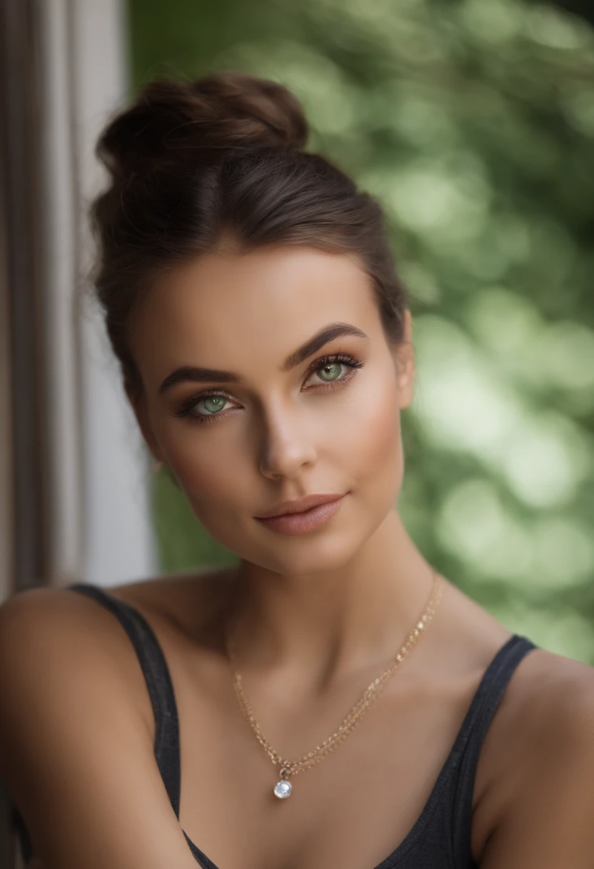 Arafed woman with a white tank top and necklace, fille sexy aux yeux verts, Portrait Sophie Mudd, cheveux bruns et grands yeux, selfie of a young woman, Yeux de chambre, Violet Myers, sans maquillage, maquillage naturel, looking straight at camera, Visage avec Artgram, Maquillage subtil, Superbe photo du corps entier, piercing green eyes, grosse poitrine