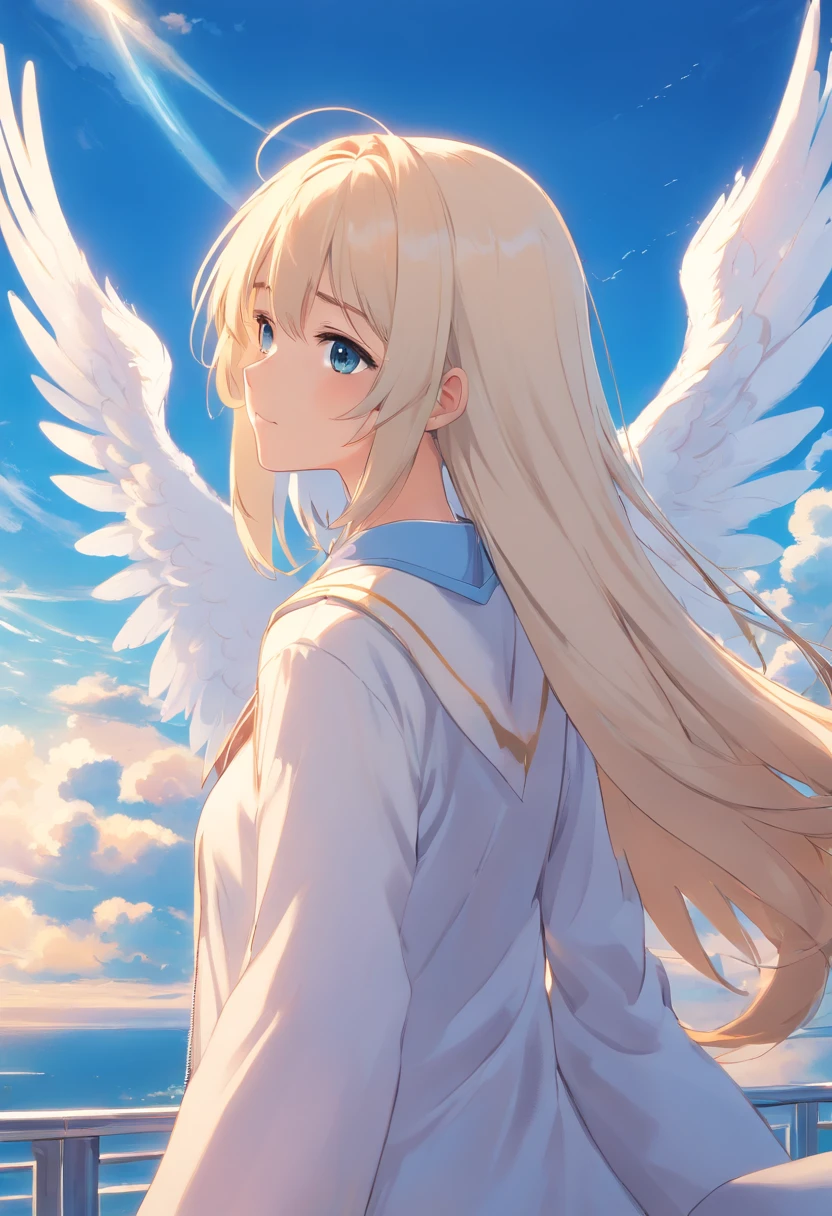 1 girl, white long hair, behind view, blue sky background, an angel girl, masterpiece